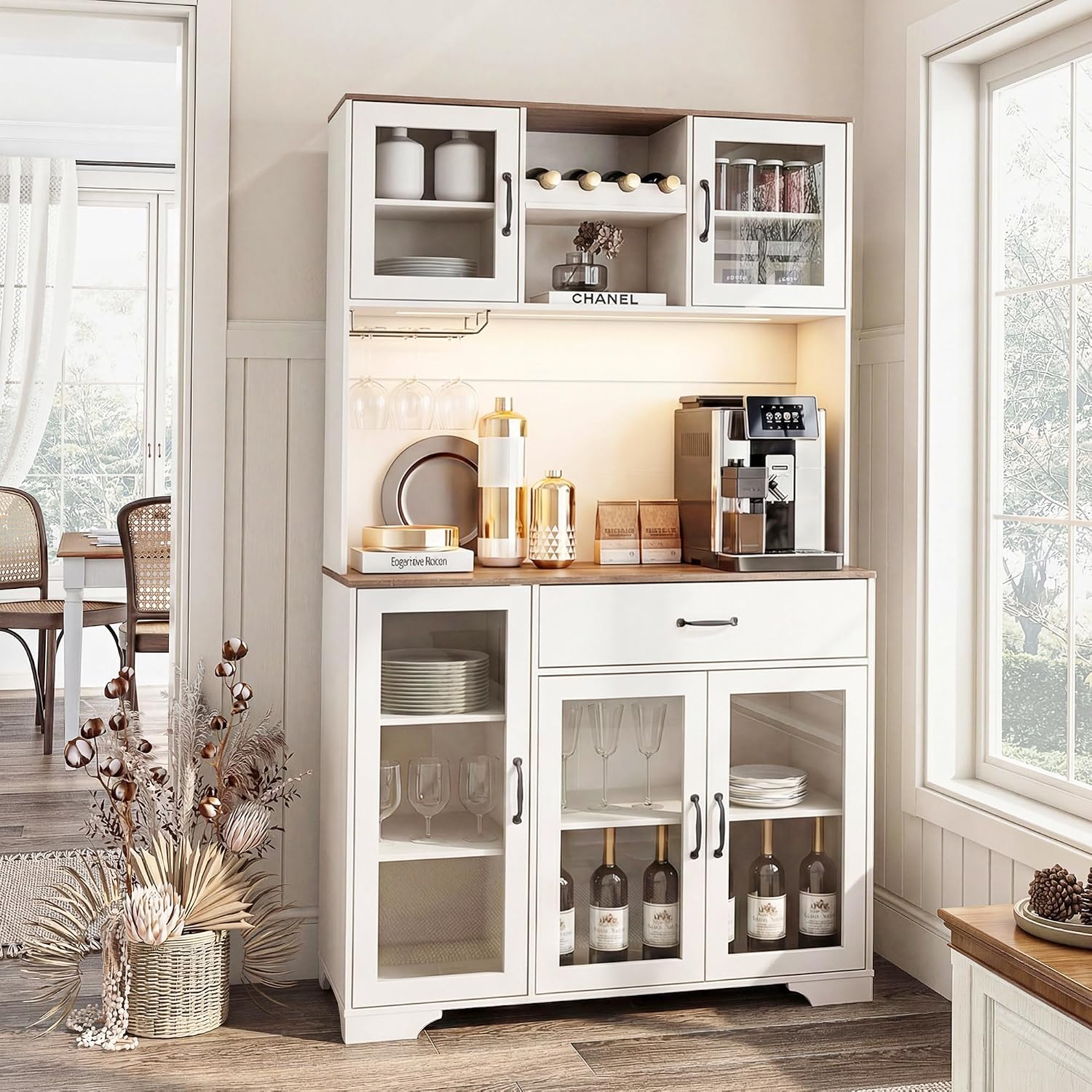 Fatmok 71' Tall Pantry Cabinet with Glass Doors, Kitchen Hutch Storage Cabinet, Coffee Bar & Liquor Cabinet with Charging Station & LED Lights, Wine Rack, Adjustable Shelves & Large Drawer, White