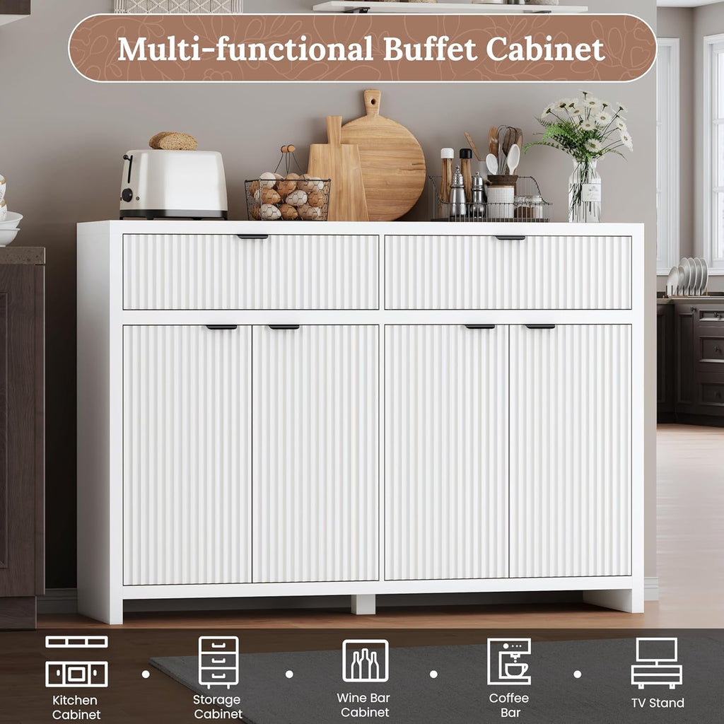 55' W Sideboard Buffet Cabinet with Storage, White Fluted Cabinet with 2 Drawers & 4 Doors, Wood Kitchen Cabinet with Adjustable Shelves for Living Room,Kitchen and Dining Room - White