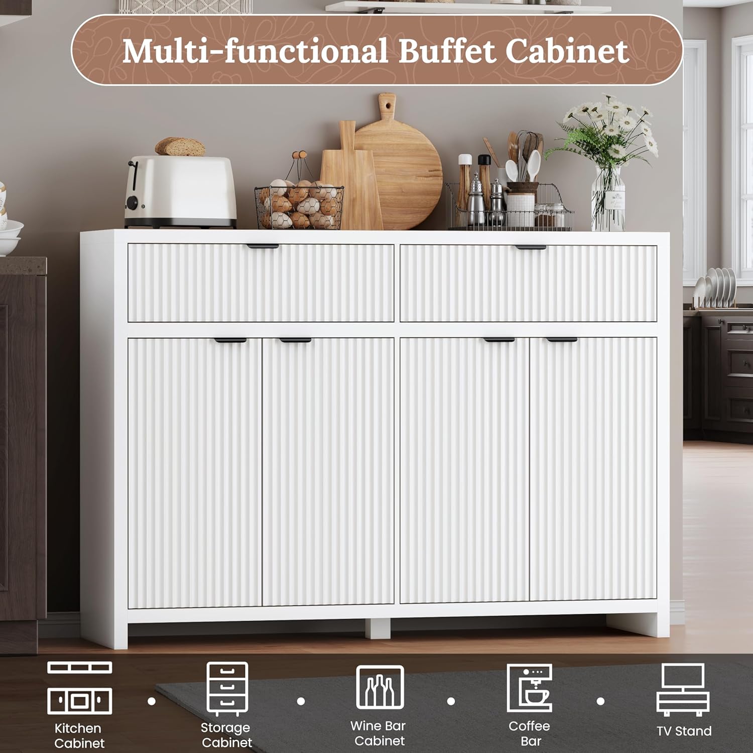 55' W Sideboard Buffet Cabinet with Storage, White Fluted Cabinet with 2 Drawers & 4 Doors, Wood Kitchen Cabinet with Adjustable Shelves for Living Room,Kitchen and Dining Room - White