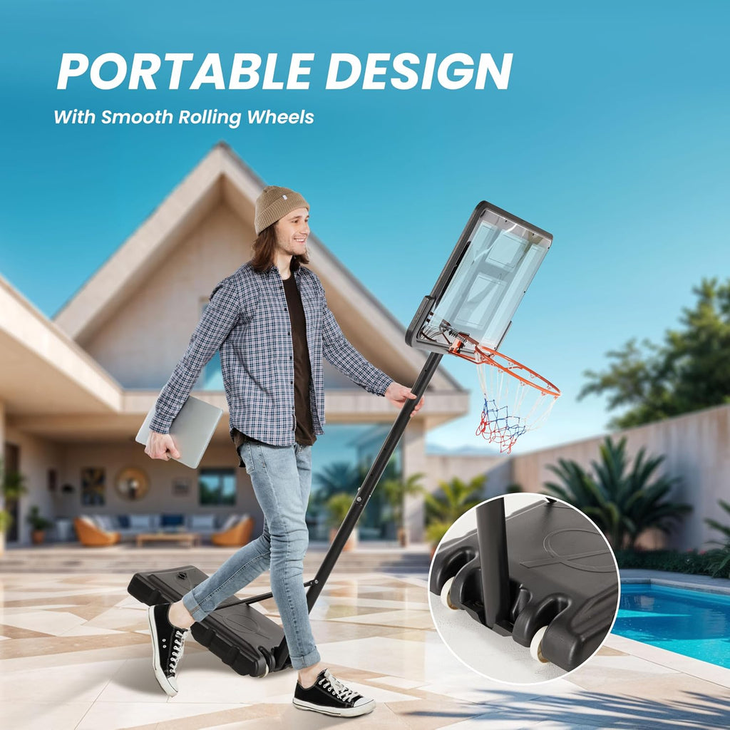 Basketball Hoop Outdoor 4.2-10ft Adjustable, Portable Basketball Goals Court System for Kids Youth&Adults in Backyard/Driveway/Indoor/Pool, 44 Inch Shatterproof Backboard Fillable Base with 2 Wheels
