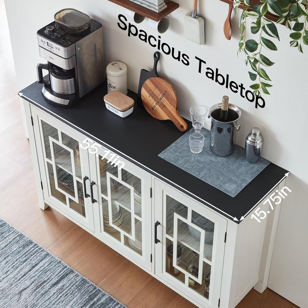 Joaxswe Large Sideboard Buffet Cabinet with Storage, 55' Farmhouse White Kitchen Coffee Wine Bar Cabinet with 3 Glass Doors, Wood Mid Century Modern Side Board Table for Dining Room, Living Room