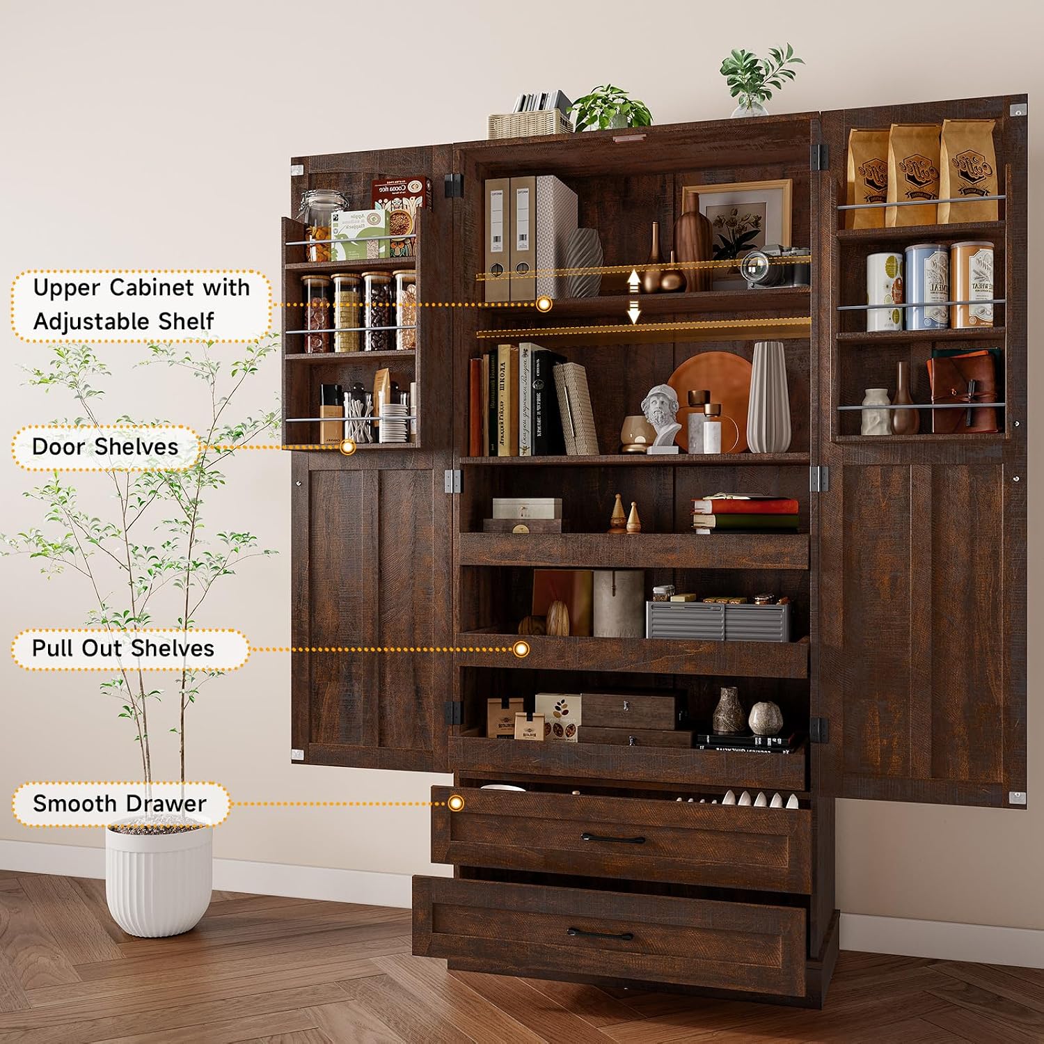 ONBRILL 71' Tall Farmhouse Kitchen Pantry Cabinet with 3 Pull Out Shelves & 2 Large Drawers, Pantry Storage Cabinet with 6 Door Shelf & Adjustable Shelf, Freestanding Cupboard for Kitchen, Dining Room