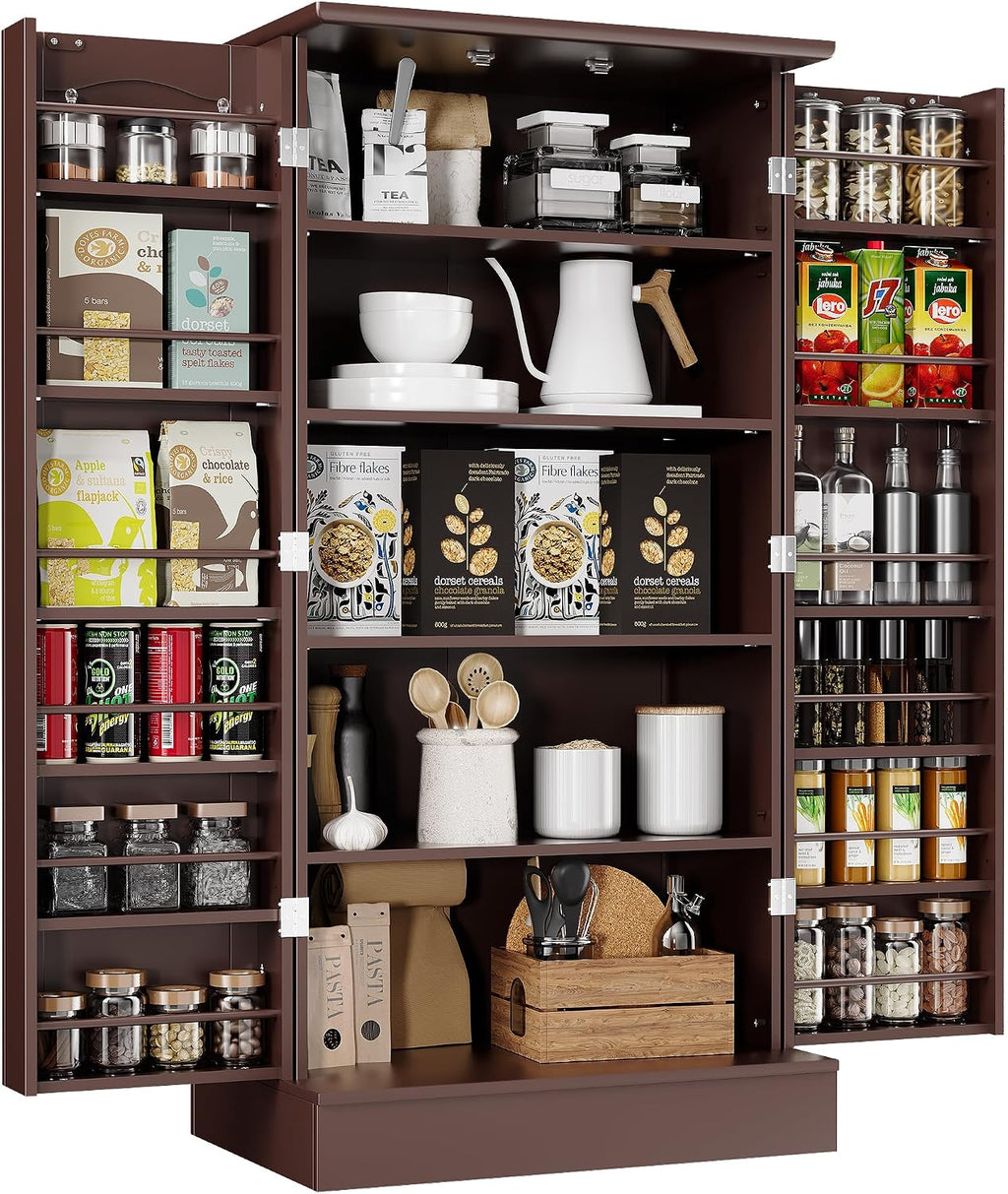 kepptory 47' Freestanding Kitchen Pantry Cabinet with Adjustable Shelves | Magnetic Doors & Anti-Tip Device, Storage Cupboard for Kitchen Laundry Living Room, Walnut