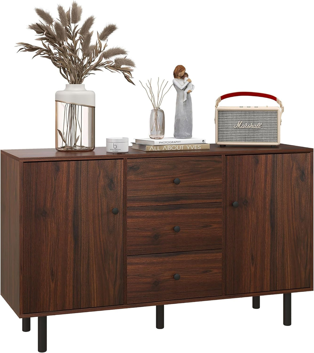 HOMCOM Storage Sideboard, Credenza Cabinet with 2 Cupboards, 3 Drawers and Adjustable Shelves, Buffet Table for Living Room, Entryway, Brown 839-545V01BN