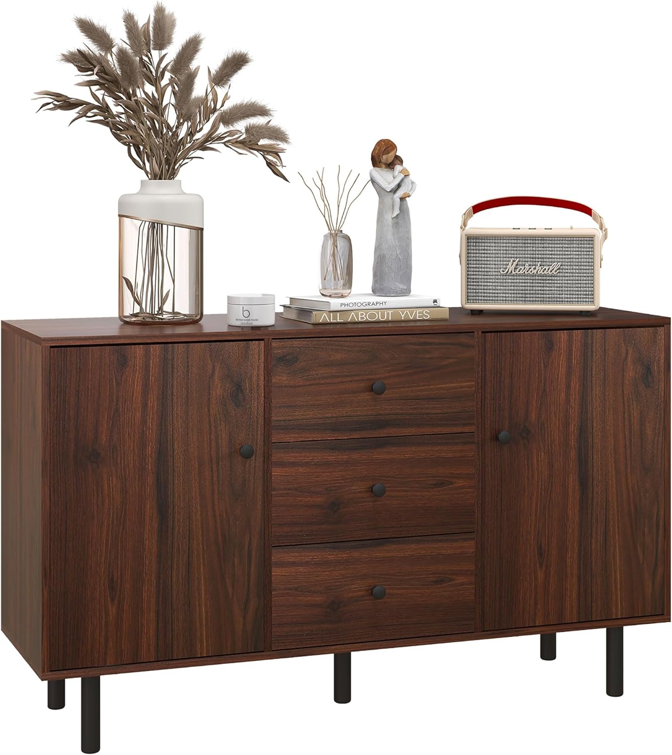 HOMCOM Storage Sideboard, Credenza Cabinet with 2 Cupboards, 3 Drawers and Adjustable Shelves, Buffet Table for Living Room, Entryway, Brown 839-545V01BN