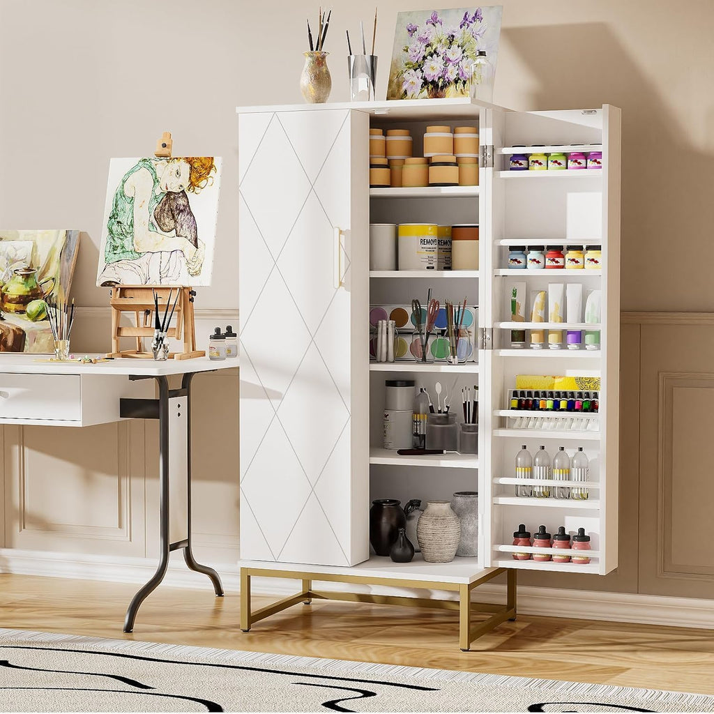 kepptory 51' Kitchen Pantry Storage Cabinet with Diamond Design, White Freestanding Pantry Cabinets with Golden Base and Handles, Buffet Cupboards Cabinet with 6 Adjustable and Large Storage Space