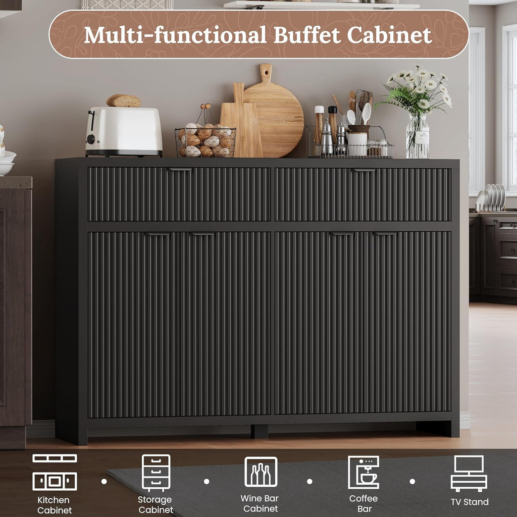 55' W Fluted Buffet Cabinet with Storage Accent Sideboard with 2 Drawers & 4 Doors,Wood Console Coffee Bar Table with Adjustable Shelves for Living Room,Kitchen and Dining Room