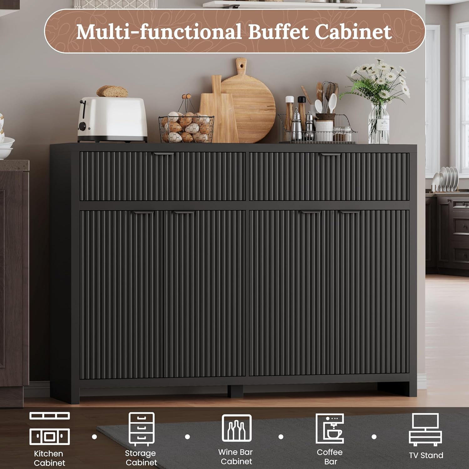 55' W Fluted Buffet Cabinet with Storage Accent Sideboard with 2 Drawers & 4 Doors,Wood Console Coffee Bar Table with Adjustable Shelves for Living Room,Kitchen and Dining Room