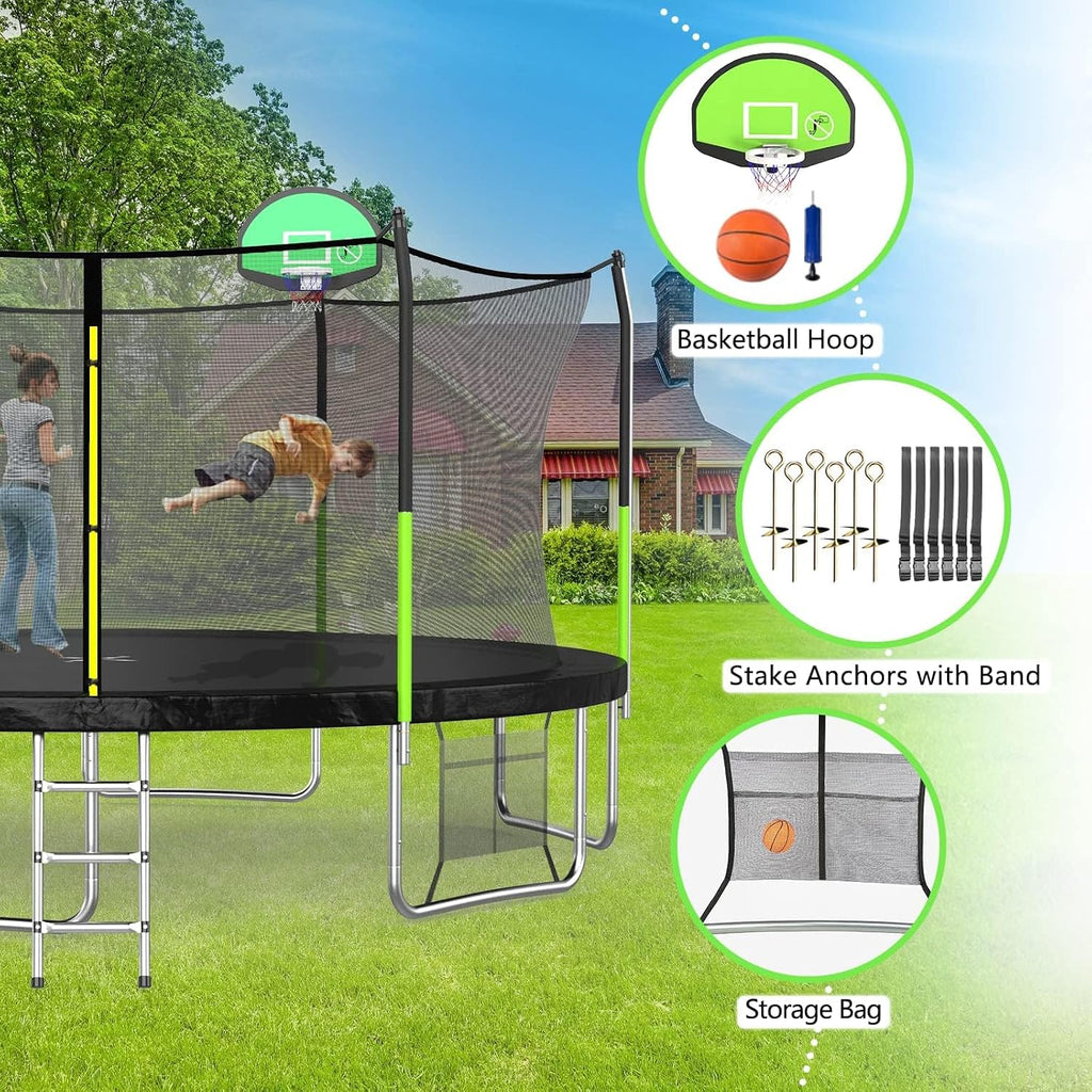 SKOK 14FT Trampolines with Net, 400LBS Outdoor Trampolines for Kids with Basketball Hoop -ASTM Approved Trampoline for Children and Adults