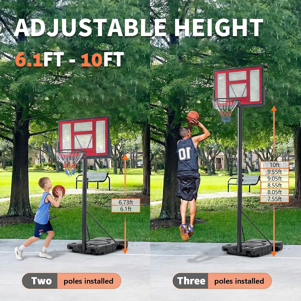 DUMOS Portable Basketball Hoop, Shatterproof Backboard & Shock Absorbent Rim, Easy Height Adjustable Outdoor Basketball Goal with Fillable Base & Wheels for Backyard/Driveway/Pool