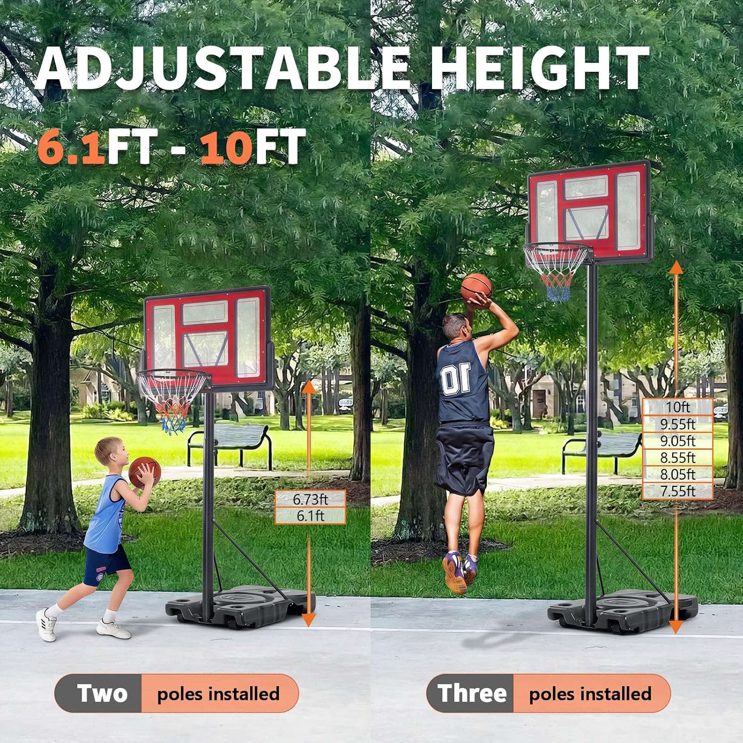 DUMOS Portable Basketball Hoop, Shatterproof Backboard & Shock Absorbent Rim, Easy Height Adjustable Outdoor Basketball Goal with Fillable Base & Wheels for Backyard/Driveway/Pool