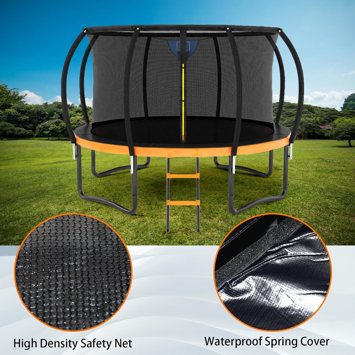 12FT 14FT Trampoline for Adults/Kids - Outdoor Trampoline with Basketball Hoop, Curved Poles, Enclosure Net and Ladder, Heavy Duty Recreational Trampoline, ASTM Approval