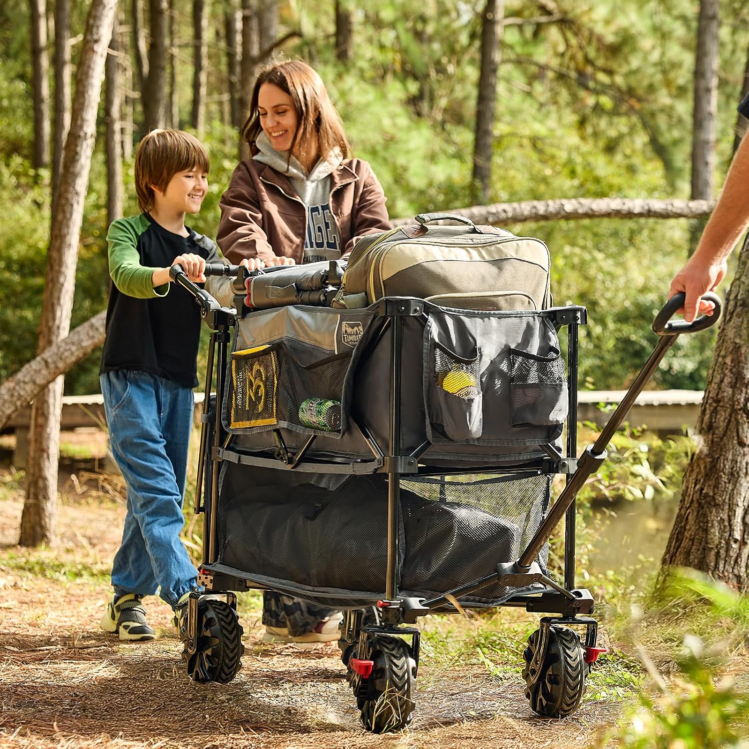 TIMBER RIDGE Push & Pull Double Decker Wagon, 400L Large Capacity Heavy Duty & 450lb Load, Collapsible Cart with All-Terrain Wheels & Brakes, 54' Extended Foldable for Sports, Beach, Camping, Grey