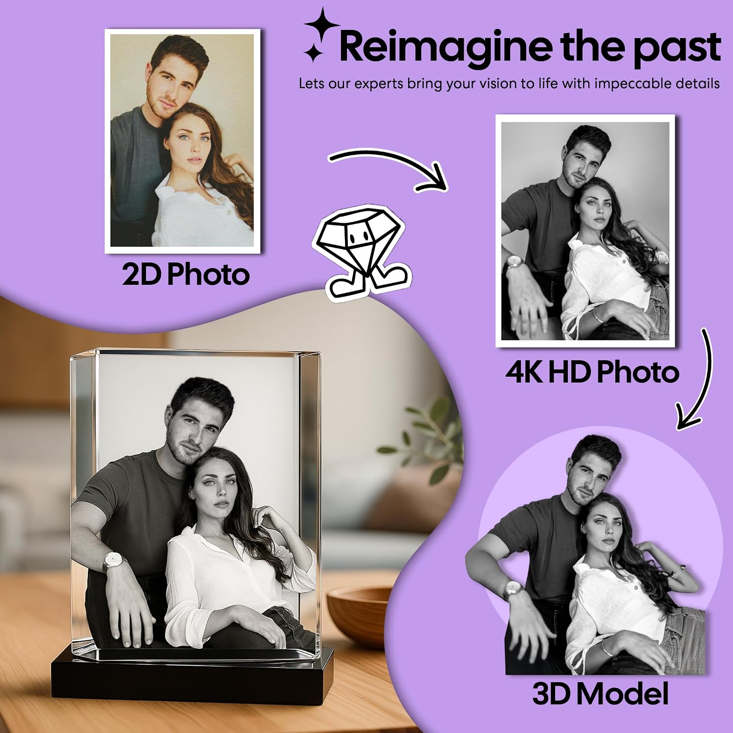 Monume 3D Crystal Cube Portrait (Medium) – Laser Engraved Personalized Crystal Photo Made from Clear-Cut Glass – Custom Photo Gifts for Weddings, Memorials, Anniversaries & More