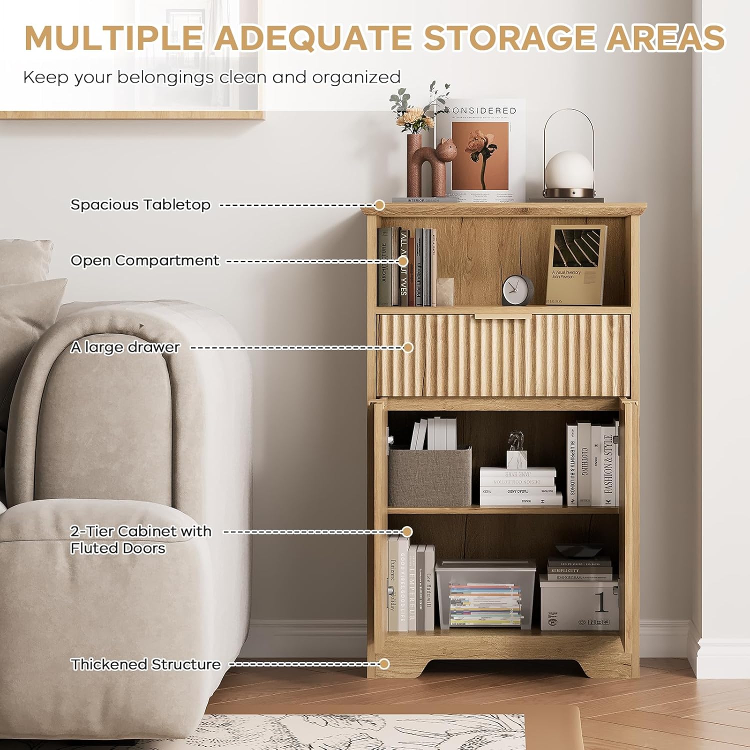 Fluted Buffet Cabinet with Storage, Modern Coffee Bar Cabinet with Drawer & Adjustable Shelf, Wood Sideboard Cabinet for Kitchen, Bathroom, Entryway and Living Room Natural