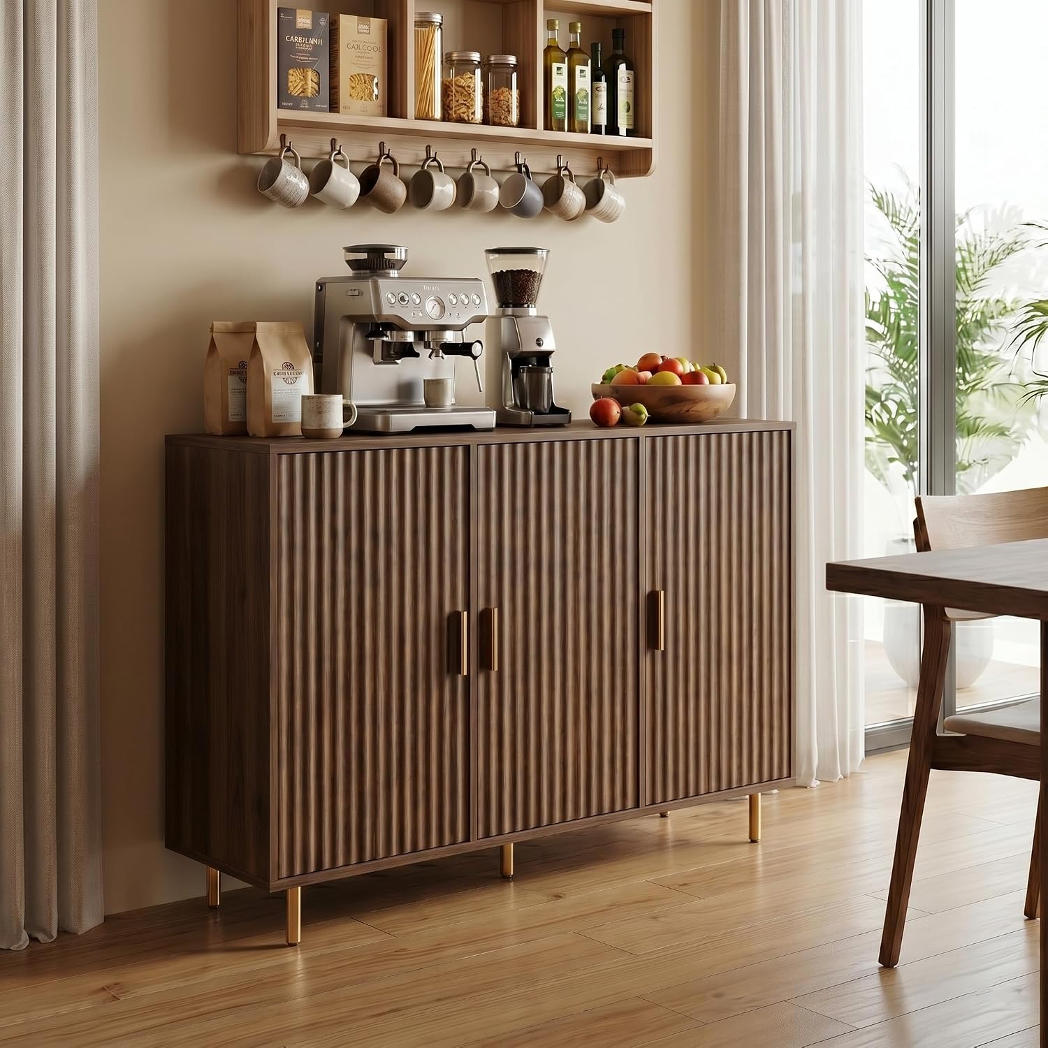 DIYART Rustic Brown Sideboard Buffet Cabinet, Accent Coffee Bar Cabinet with 3 Doors, Entryway Cabinet for Living Room, Kitchen, Hallway