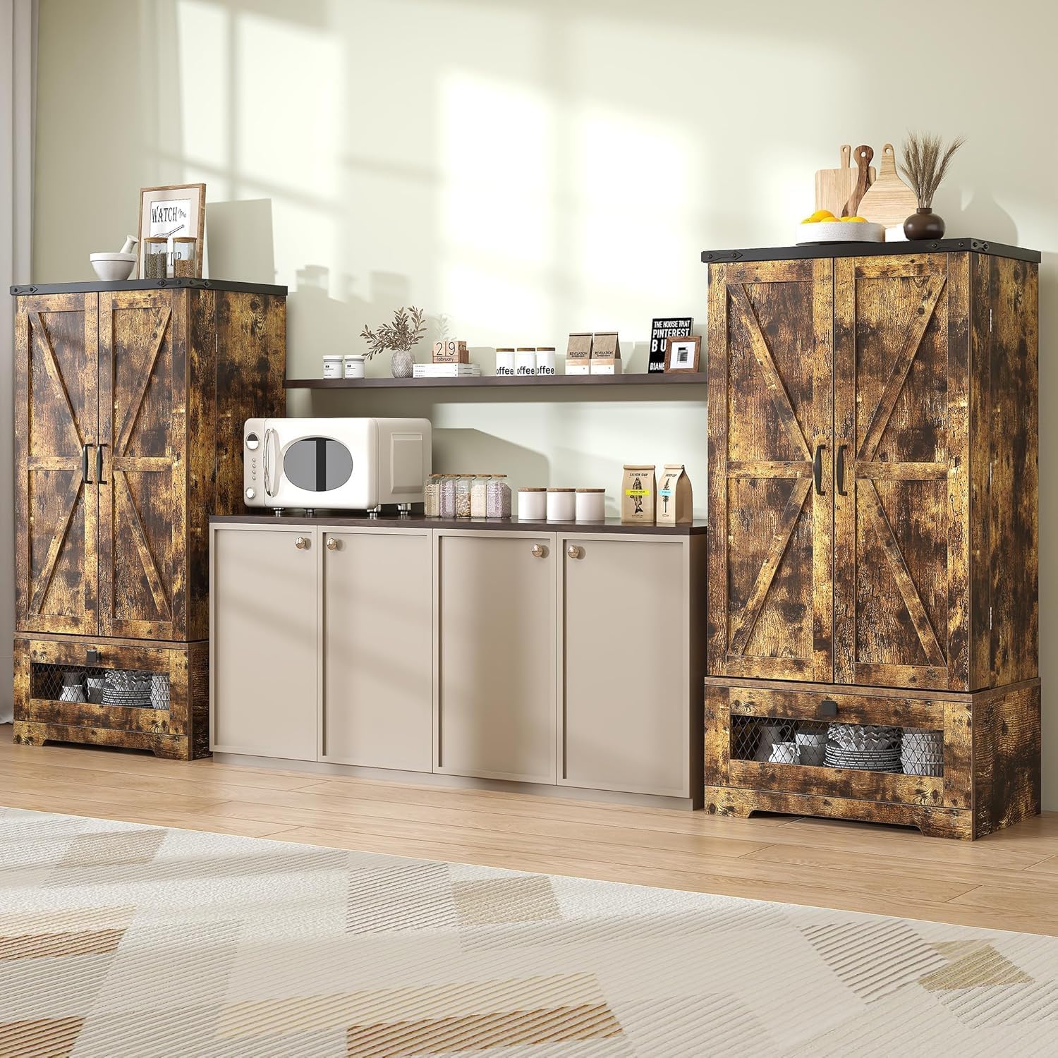 kepptory Farmhouse Pantry Cabinet with Barn Door & Adjustable Shelves, Freestanding Kitchen Storage Cabinet for Dining Room, Bathroom, Hallway (Brown)