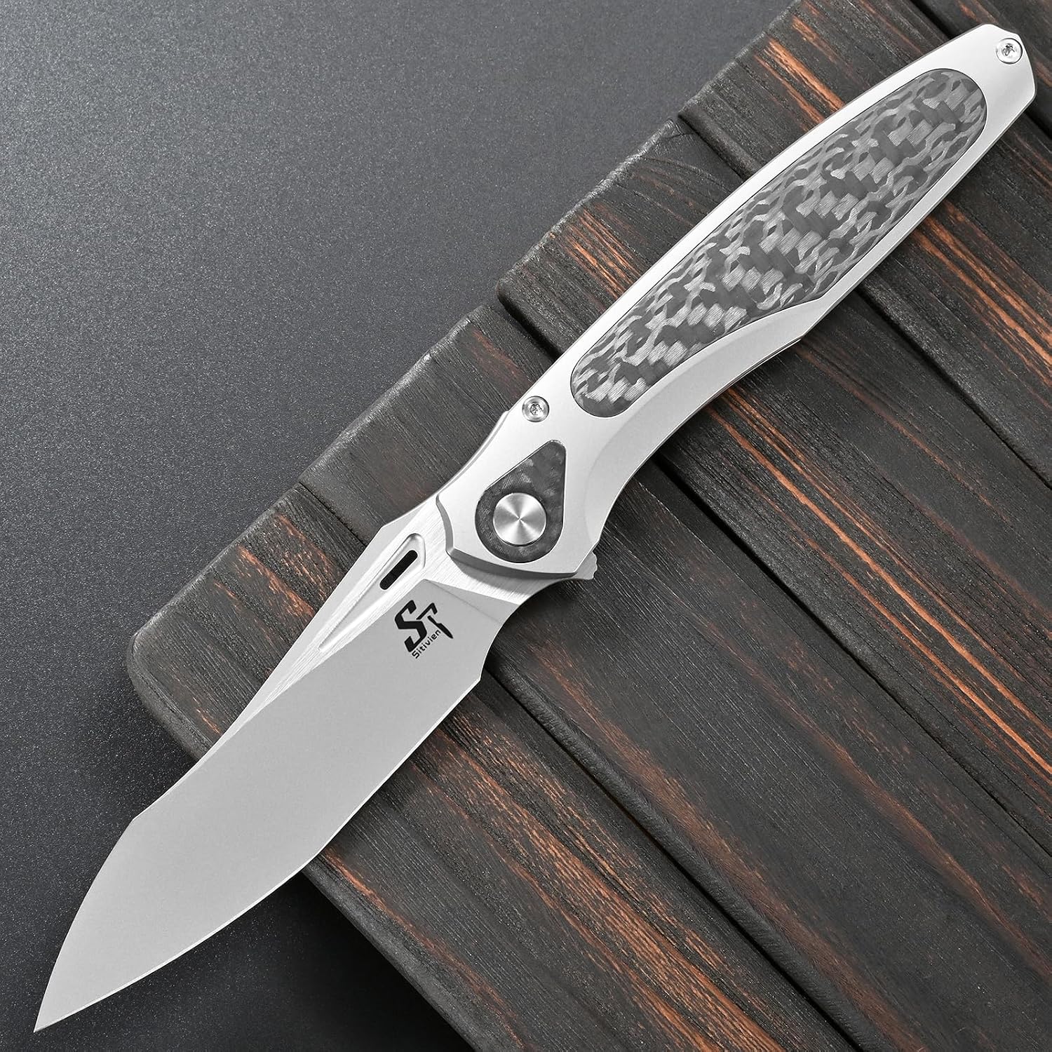 Sitivien ST997 Folding Knife,Handmade M390 Pearlescent Brushed Steel Blade,Titanium Carbon Fiber Handle EDC Knife for Outdoor Camping Hiking Survival Travel(Gray)