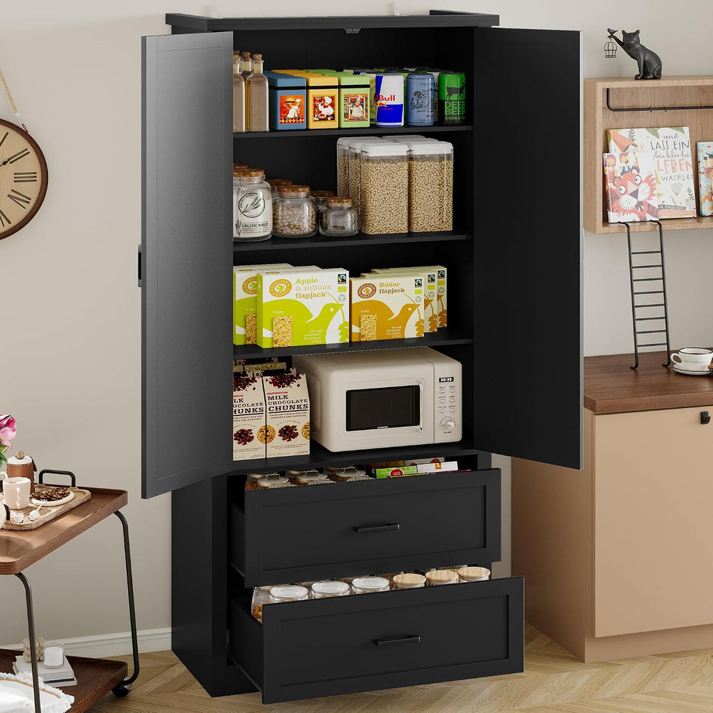 BORNOON Pantry Organizers and Storage Cabinet, 71' Barn Door White Kitchen Cabinet with Drawers and Adjustable Shelf, Tall Pantry for Kitchen, Dining Room, Living Room. Bathroom and Office