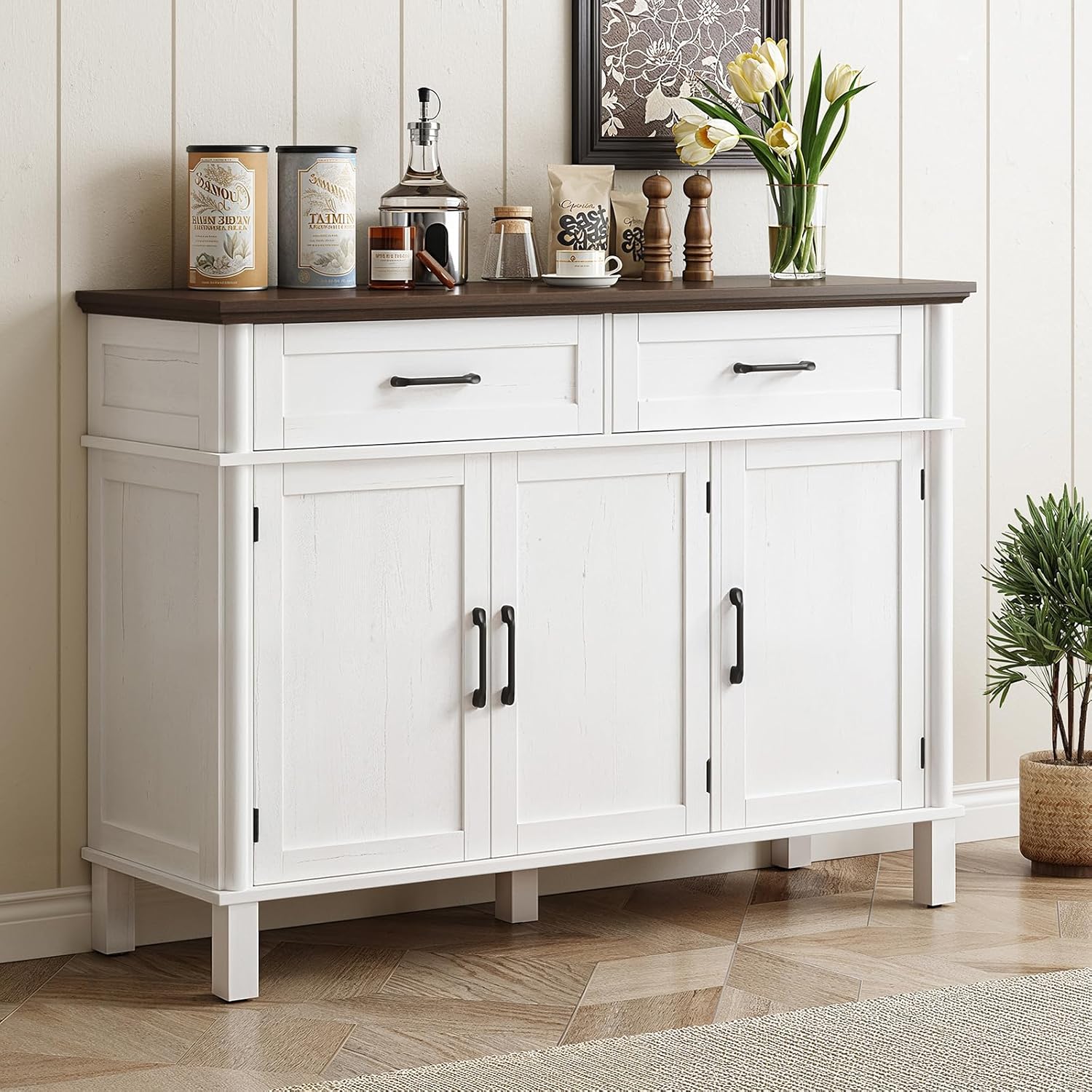 ONBRILL 55 Inch Buffet Cabinet with Storage, Farmhouse Sideboard Buffet w/2 Drawers and 3 Doors, Wood Coffee Bar Cabinet with Adjustable Shelves, Sideboard Storage for Kitchen, Living Room, Off White