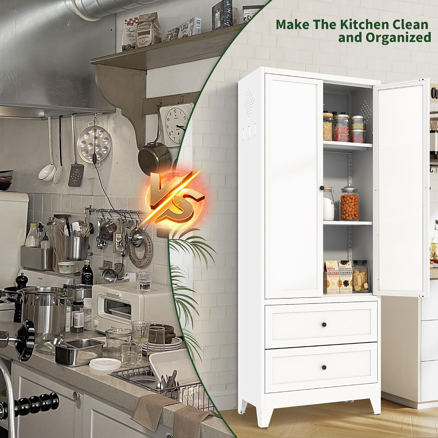 72' Tall Kitchen Pantry Cabinet,White Metal Pantry Cabinet with 2 Drawers & 2 Adjustable Shelves,Utility Storage Cabinet for Living Room,Garage,Basement