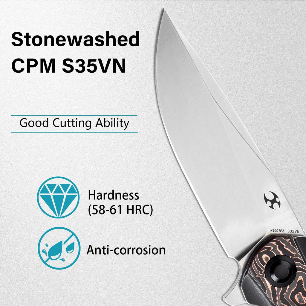 KANSEPT Accipiter Pocket Folding Knives EDC Camping Folding Knife 3.36'' Stonewashed CPM S35VN Blade with Titanium+Copper Carbon Fiber Handle Everyday Carry K1007E2