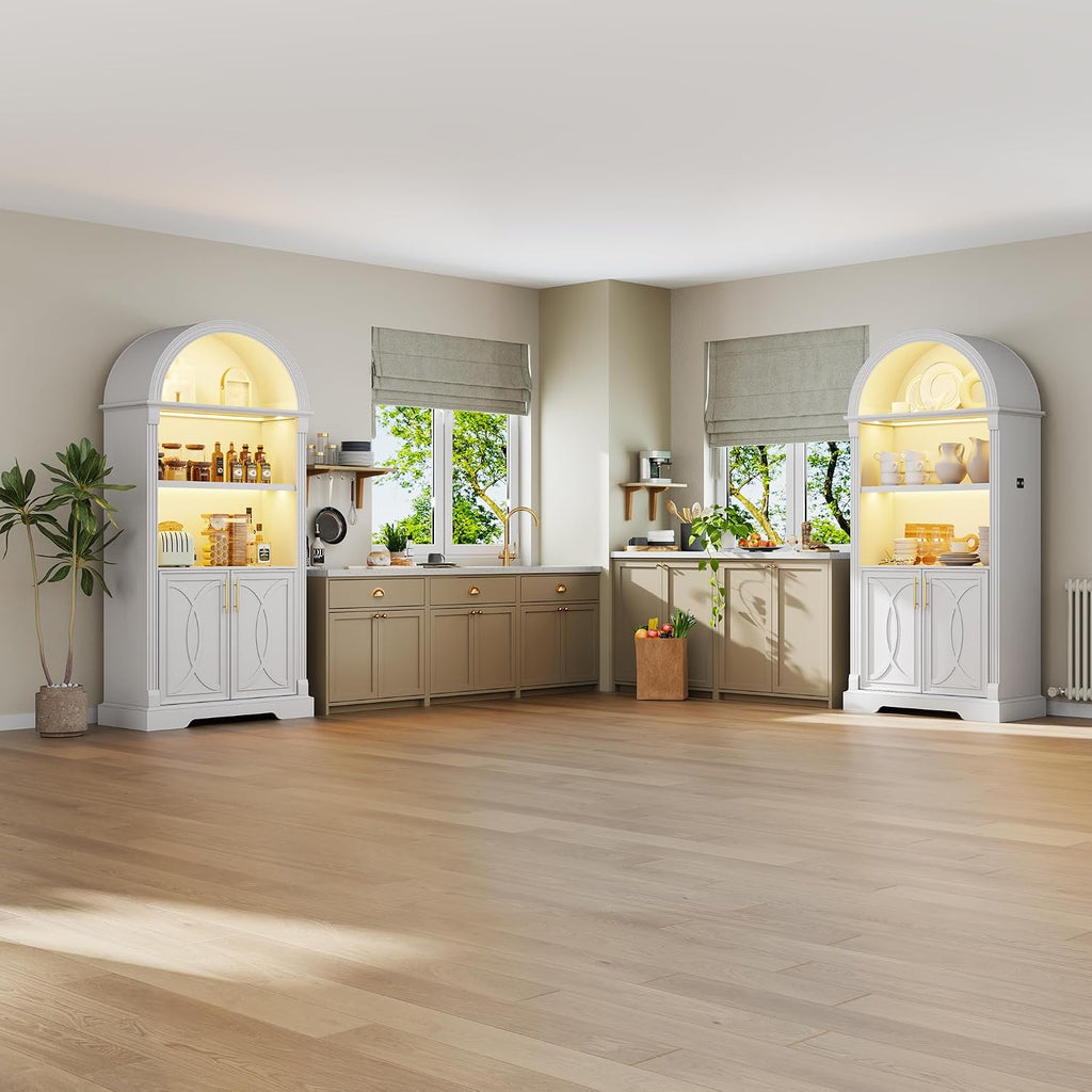 Vlsrka 71' Tall Arched Cabinet, Kitchen Pantry Cabinets, Arched Bookshelf/Bookcase,China Cabinet, Wood Kitchen Storage Cabinets with Open & Adjustable Shelves, Induction 3 Color Lights, White