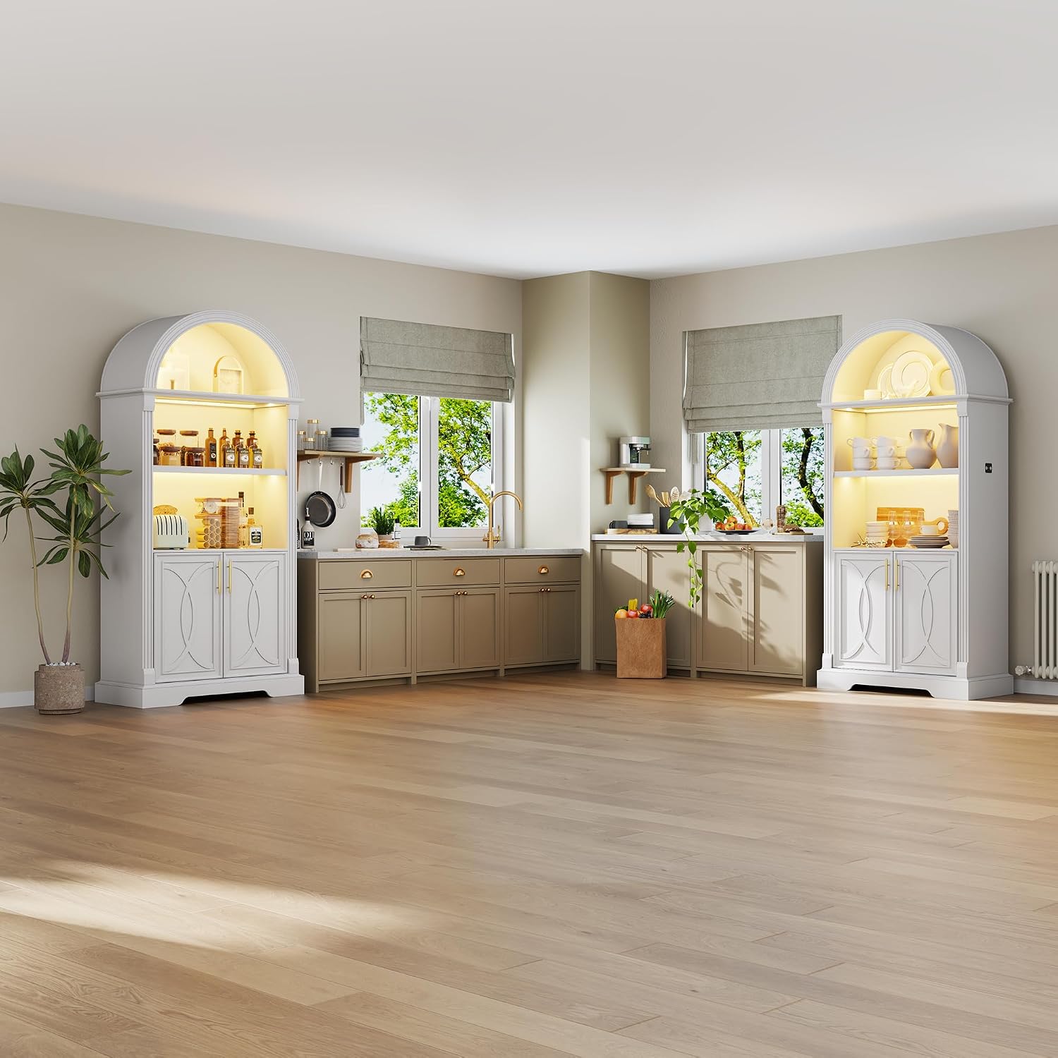 Vlsrka 71' Tall Arched Cabinet, Kitchen Pantry Cabinets, Arched Bookshelf/Bookcase,China Cabinet, Wood Kitchen Storage Cabinets with Open & Adjustable Shelves, Induction 3 Color Lights, White