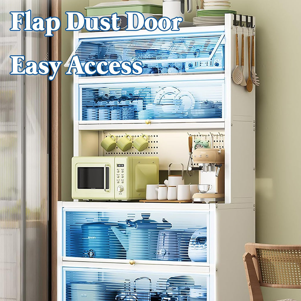 Kitchen Baker's Rack with Hooks, 6-Tier Metal Storage Cabinet, Floor Standing Coffee Bar, Table Organizer Cabinets with Wheels & Flip Door, Microwave Oven Stand,White,L 80cm/31.5'