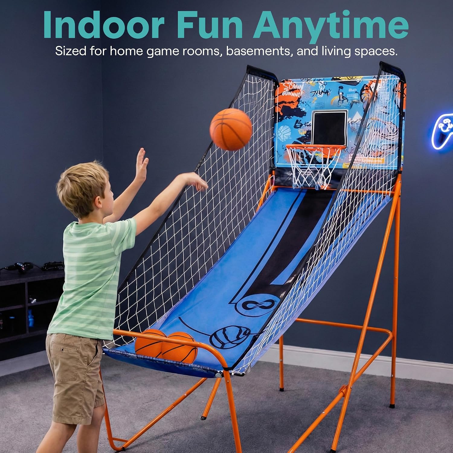 SereneLife Dual Shot Basketball Arcade Game with Electronic Scorer, 8 Game Modes, Indoor Outdoor 2 Player Basketball Shooting Game, Foldable Arcade Set with 5 Balls and Pump