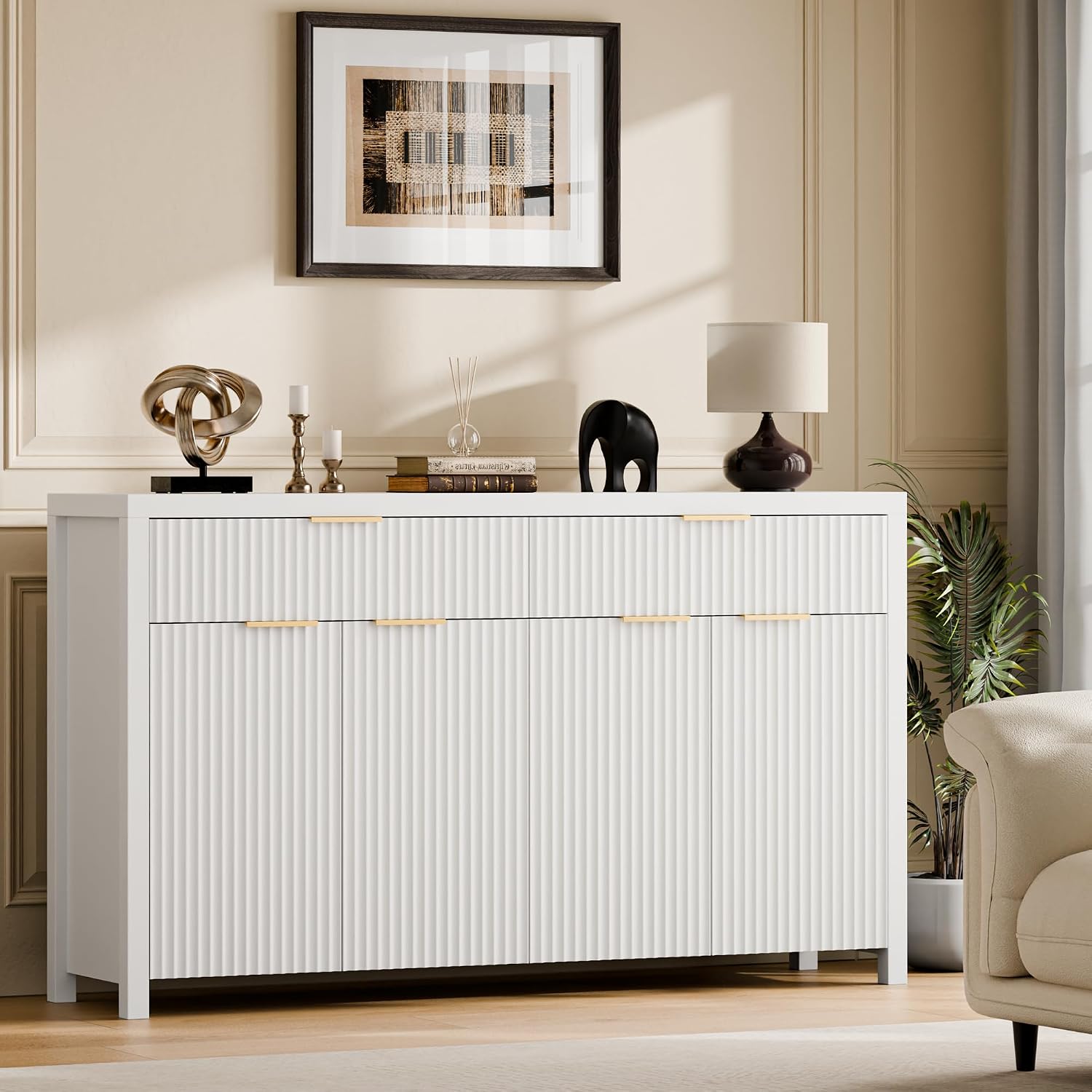 Lulive Fluted Buffet Cabinet with Storage 55 inch Wood Large Sideboard with Adjustable Shelves for Entryway Kitchen Living Room, White