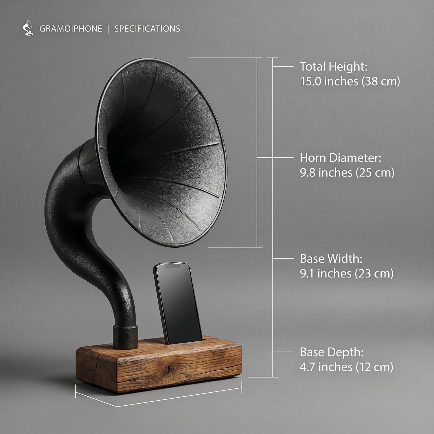 Handmade Acoustic Phone Speaker, Gramophone Phone Amplifier, Vintage Passive Speaker for Home Decor, Office Furniture Gift, Unique Handmade Smart Phone Dock - 15' Aged Oak & Cast Black