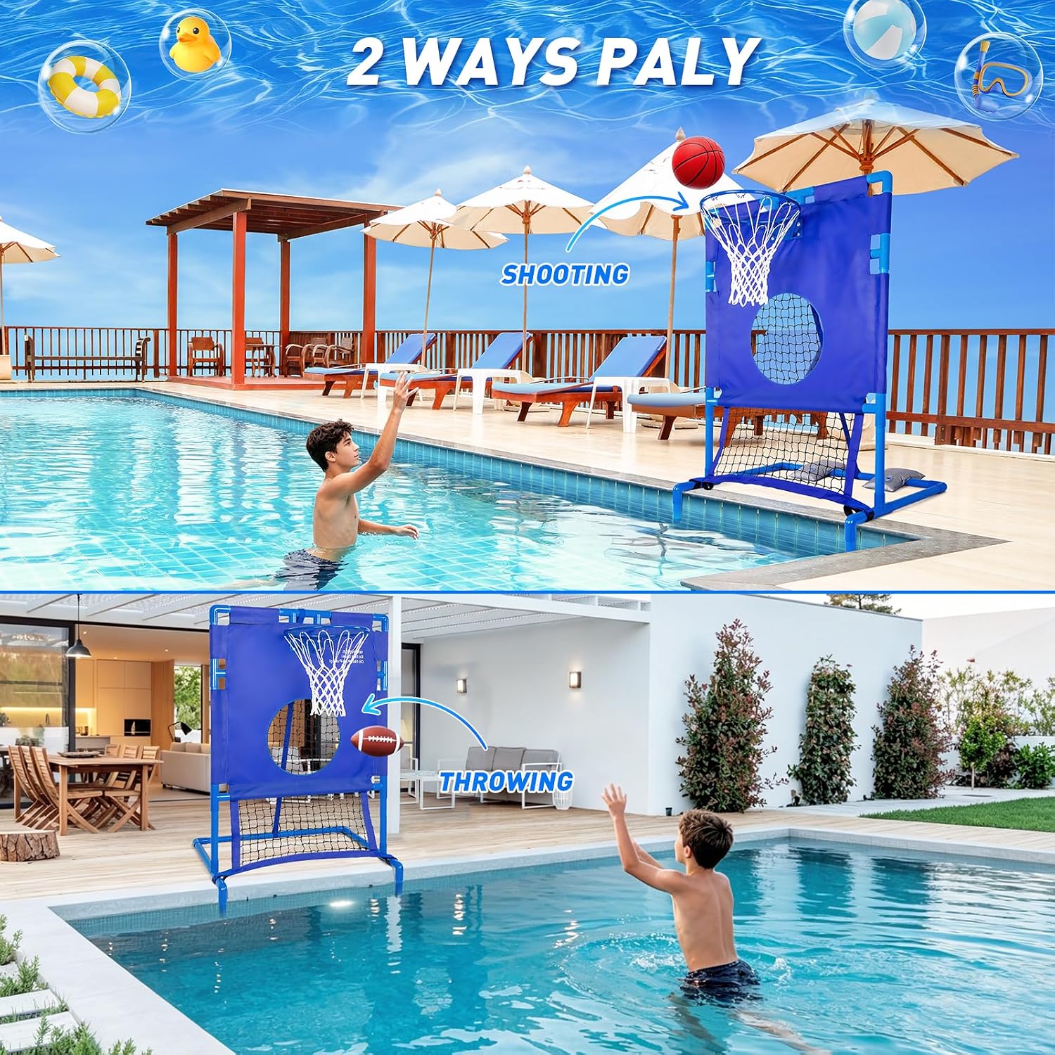 Pool Basketball Hoop ＆ Football Target Net 2-in-1 Set, for Various Fun Game, 6 Balls Included, Settle Your Summer Party