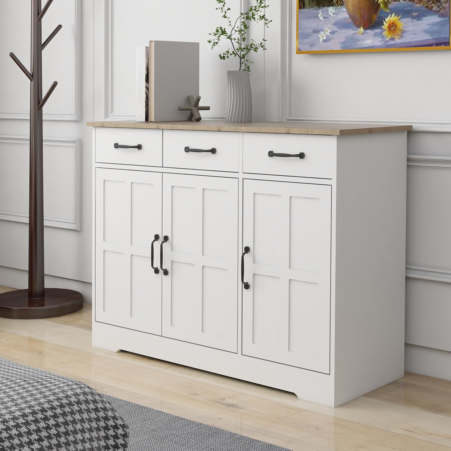 RASOO Sideboard Buffet Cabinet White Field Door Panel Kitchen Side Board Cabinet with Storage 3 Doors and 3 Drawers for Living Room, Kitchen (Grid Doors)