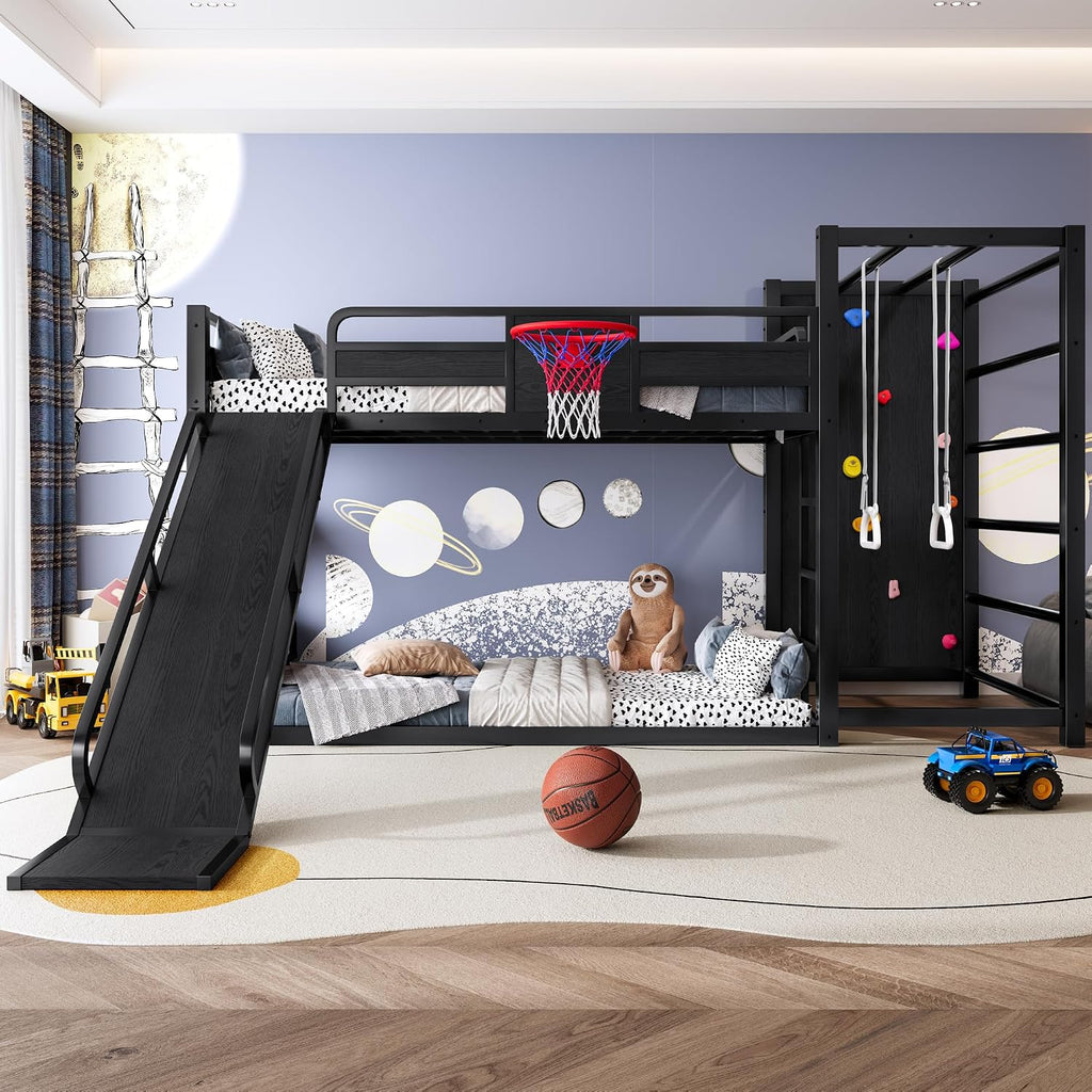 Metal Twin Over Twin Bunk Bed with Slide and Bookshelf, Modern Heavy Duty Bunk Bed with Basketball Hoop, Pull-Up Rings and Climbing Wall, Low Playhouse Loft Bed for Kids, Black