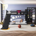 Metal Twin Over Twin Bunk Bed with Slide and Bookshelf, Modern Heavy Duty Bunk Bed with Basketball Hoop, Pull-Up Rings and Climbing Wall, Low Playhouse Loft Bed for Kids, Black