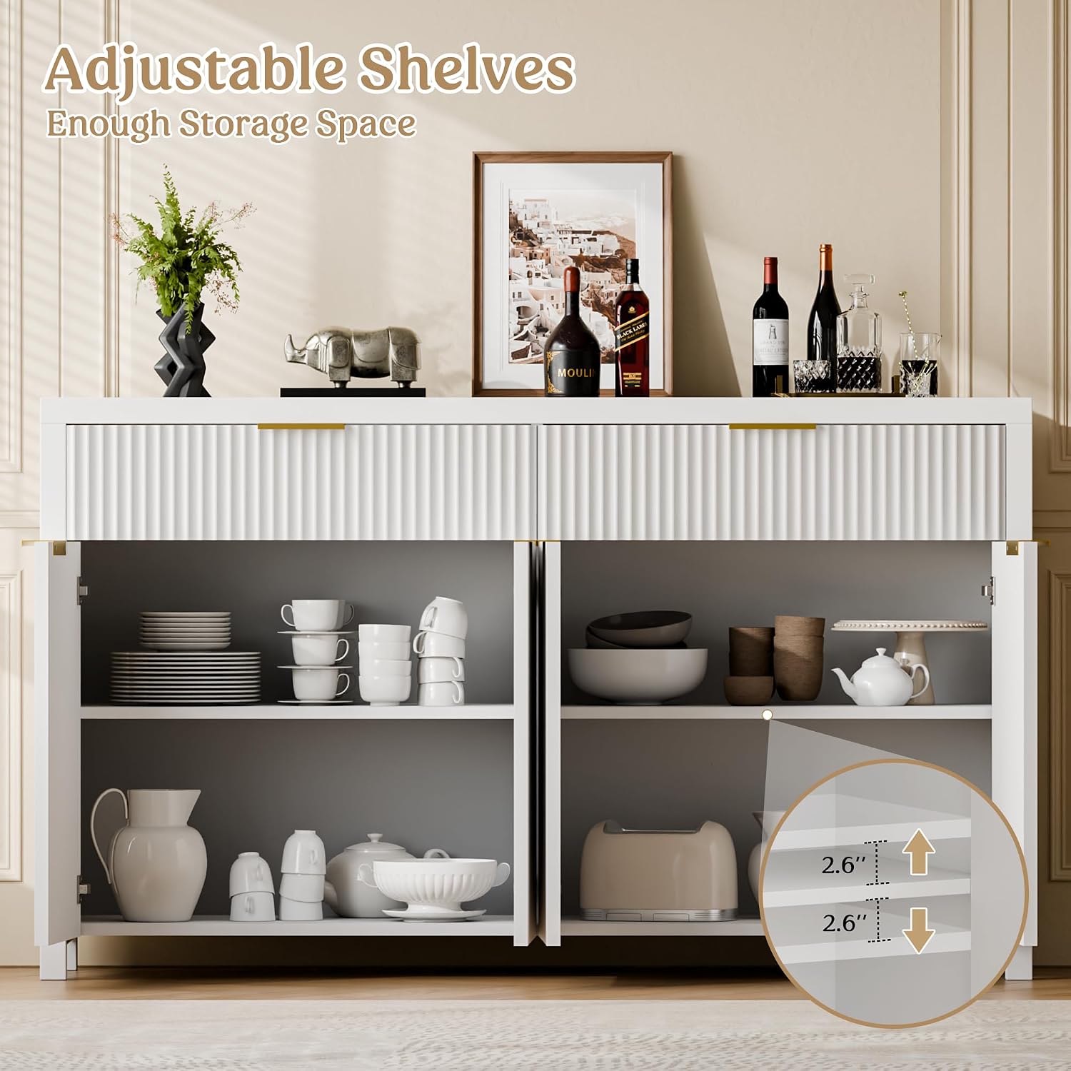 Lulive Fluted Buffet Cabinet with Storage 55 inch Wood Large Sideboard with Adjustable Shelves for Entryway Kitchen Living Room, White
