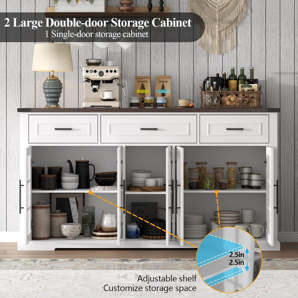 Gyfimoie 63' Sideboard Buffet Cabinet with Glass Doors, Farmhouse Large Buffet Table with 3 Storage Drawers, Modern Coffee Bar Wine Bar Cabinet with Adjustable Shelves for Kitchen, Dining Room, White