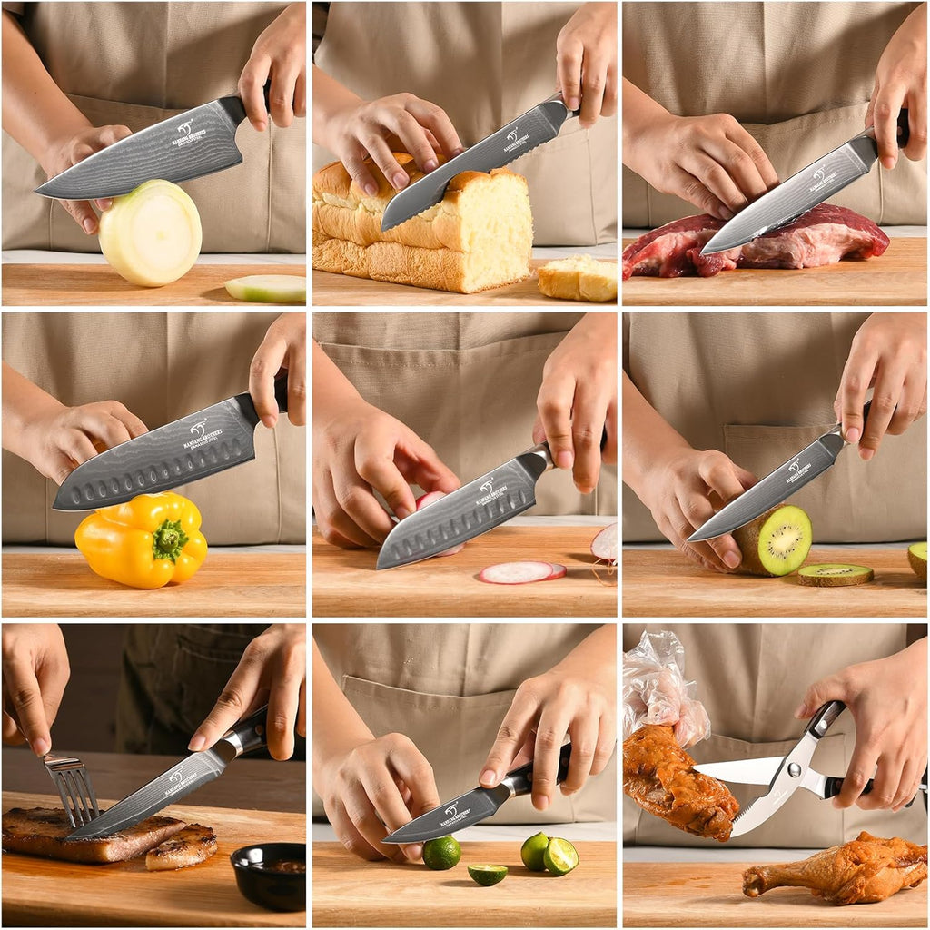 16-Piece Damascus Knife Set with VG10 Core Blades, 67-Layer Damascus Steel, Black Titanium Coated Kitchen Knives for Polished Ebony Wood Handle, Professional Chefs & Home Cooking