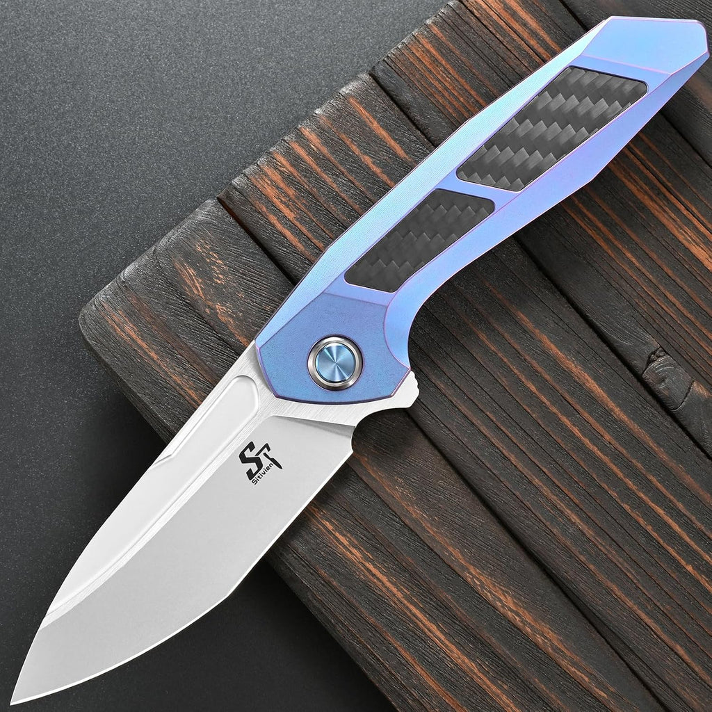 Sitivien ST996 Folding Knife,Handmade M390 Pearlescent Polishing Blade,Titanium & Carbon Fiber Handle Pocket Knife for Outdoor Camping,Hiking,Hunting(Blue)