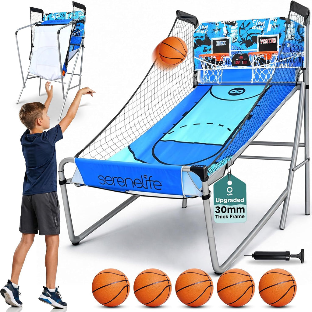 SereneLife Dual Shot Basketball Arcade Game with Electronic Scorer, 8 Game Modes, Indoor Outdoor 2 Player Basketball Shooting Game, Foldable Arcade Set with 5 Balls and Pump