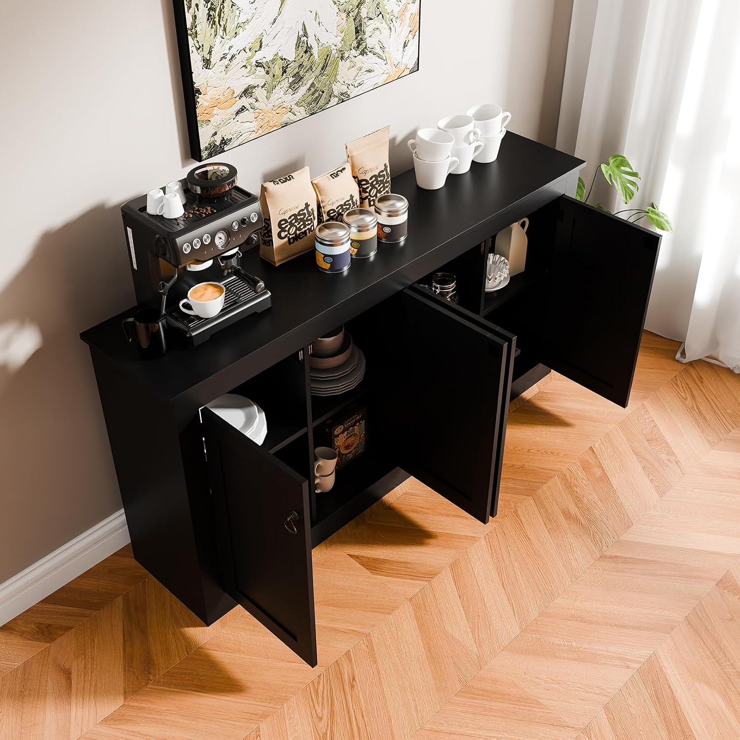 Cozy Castle Buffet Cabinet with Storage - Kitchen Storage Cabinet Wood Console Table Coffee Bar Accent Cabinets for Living Room Dining Room Entryway Black 57.5' W