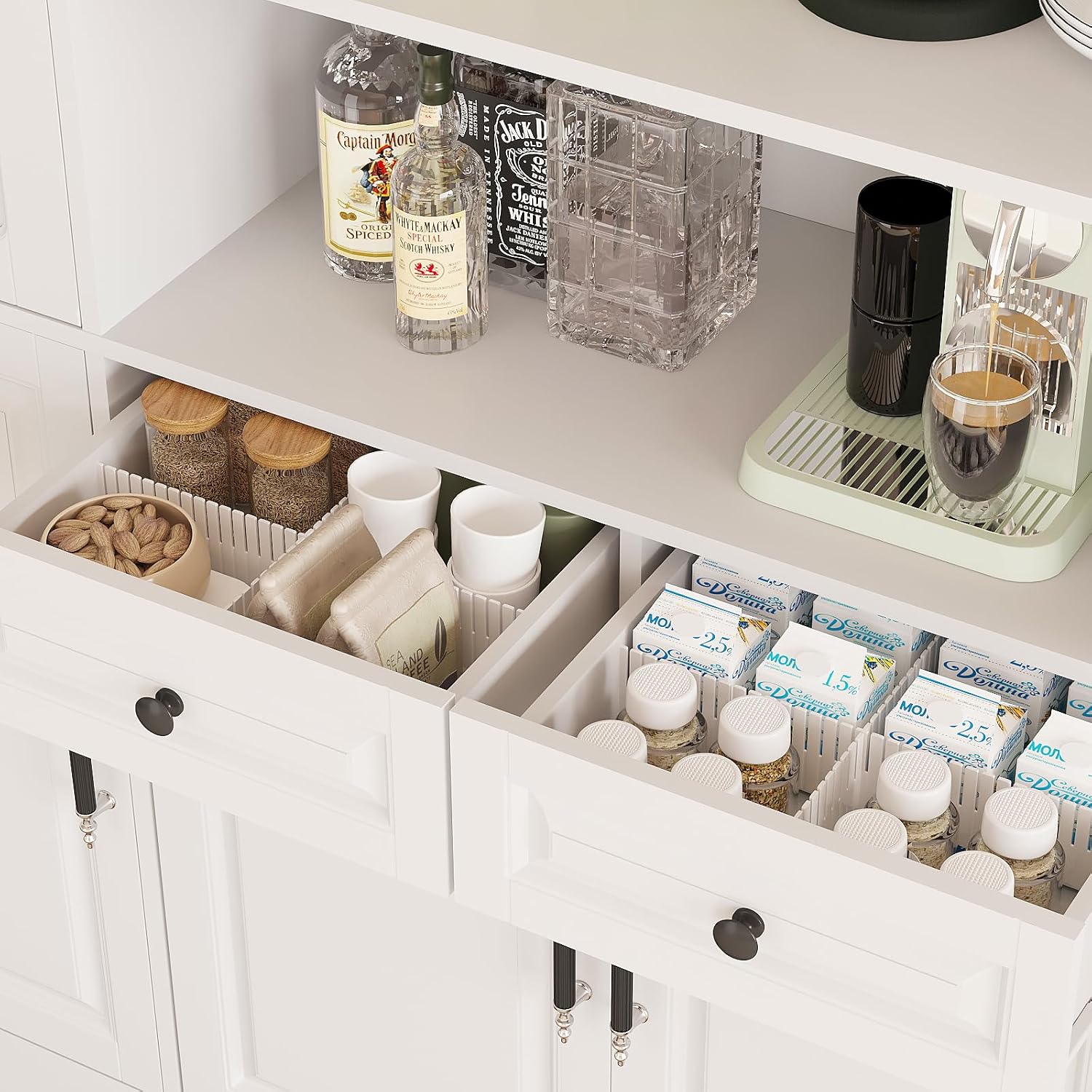 MEISSALIVVE Kitchen Pantry Storage Cabinet with LED Lights, 78.7' Tall with Glass Doors & Drawers, Freestanding Utility Cabinet, White (63' W x 15.7' D)