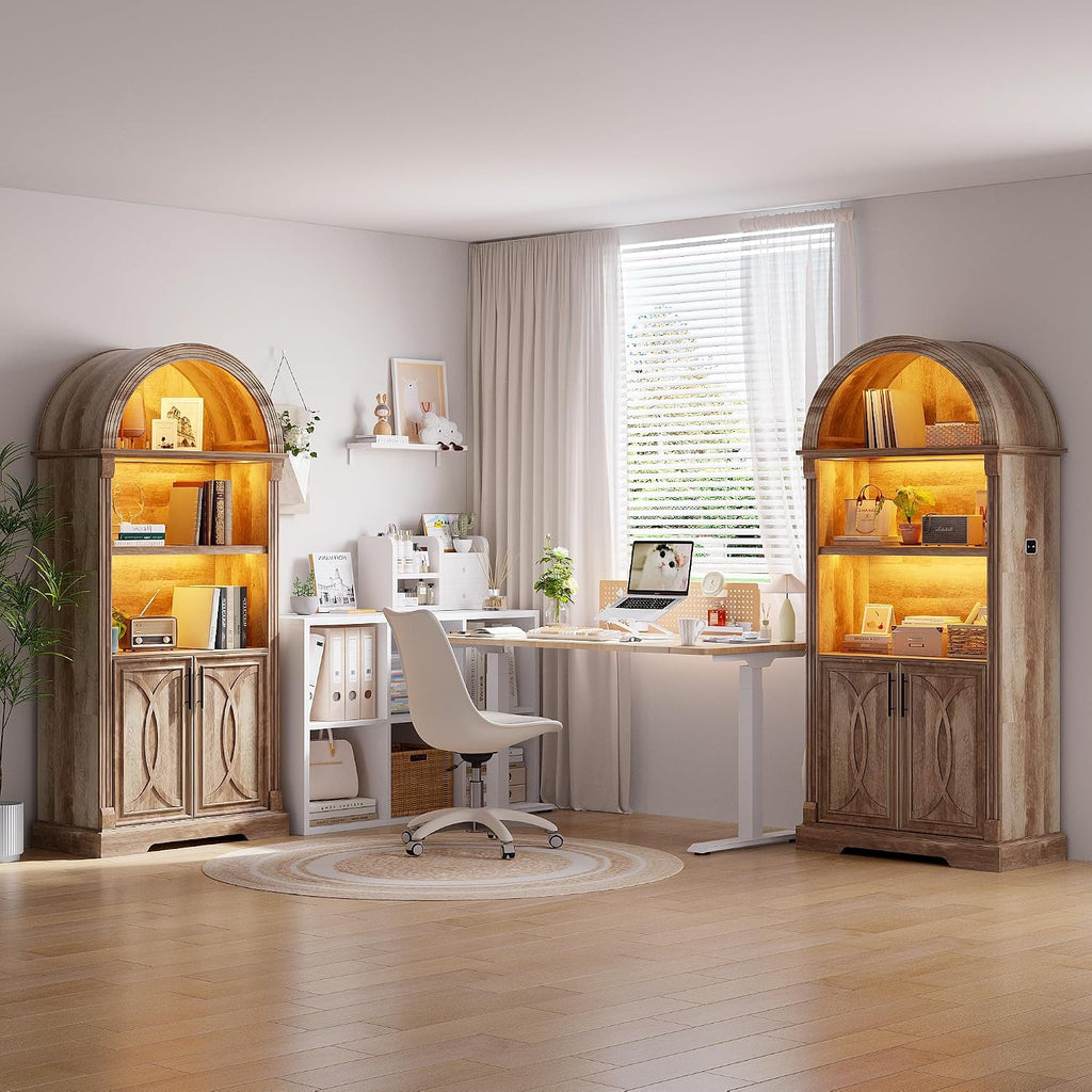 Vlsrka Arched Cabinet, Kitchen Pantry Cabinets with Open & Adjustable Shelves, Induction 3 Color Lights (Brown)