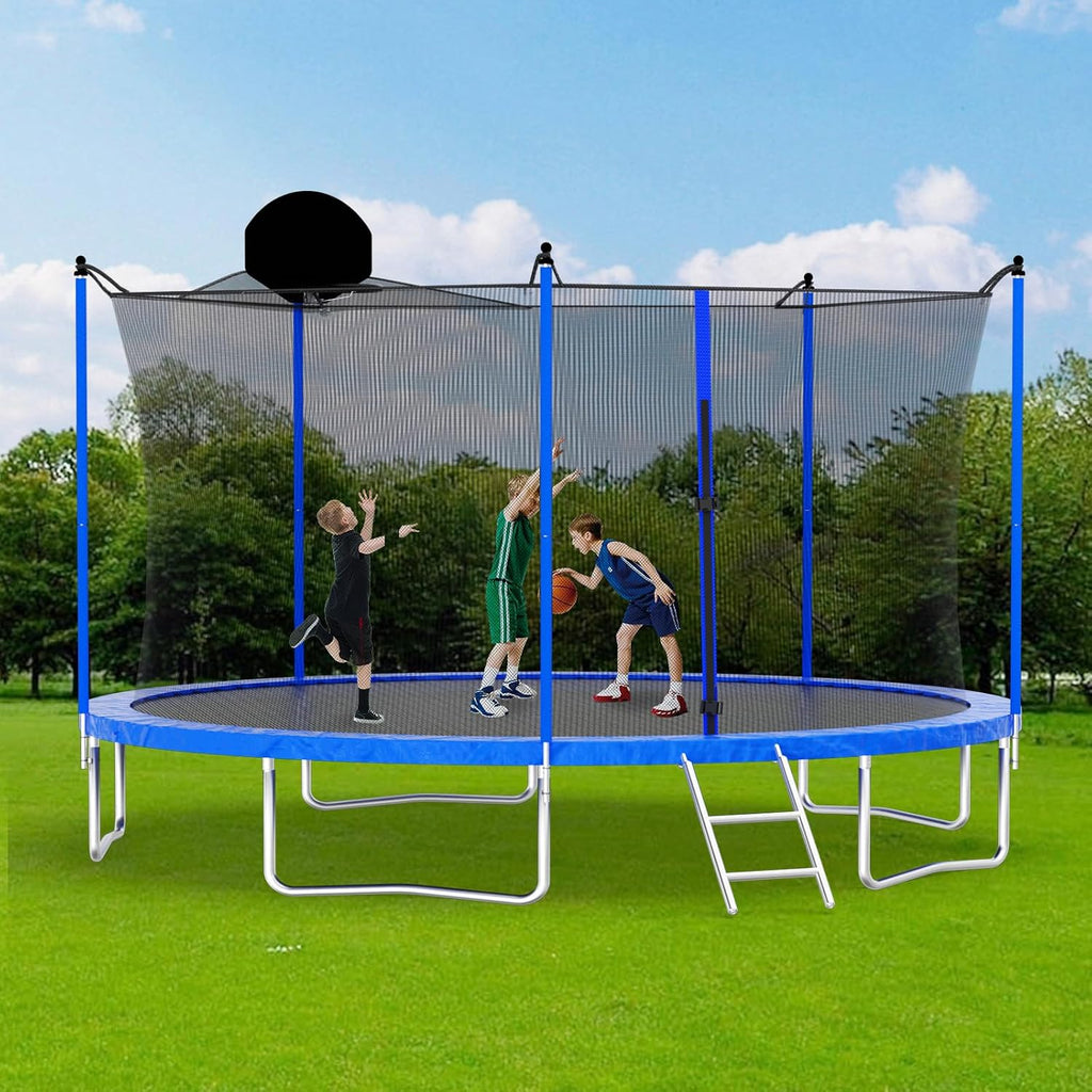 Skepphlay 16ft 14ft 12ft Trampoline Outdoor for Kids and Adults, ASTM Approved Recreational Trampoline, Round Trampoline with Basketball Hoop & Enclosure Net for Backyard