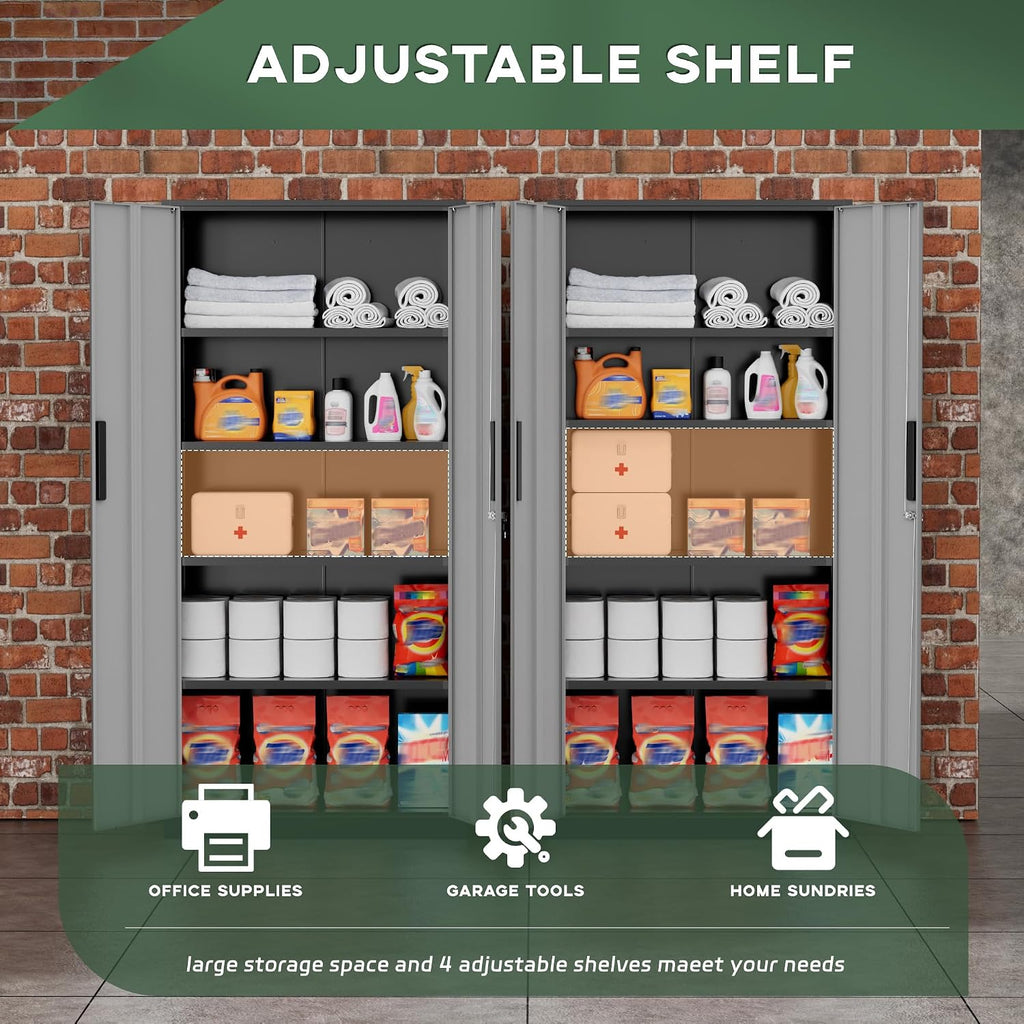 Greenvelly Metal Garage Storage Cabinet, 72' Black Gray Tool Steel Locking Cabinet with Doors and 4 Shelves, Tall Cabinets for Garage Storage Systems Lockable File Cabinet for Home Office,Garage