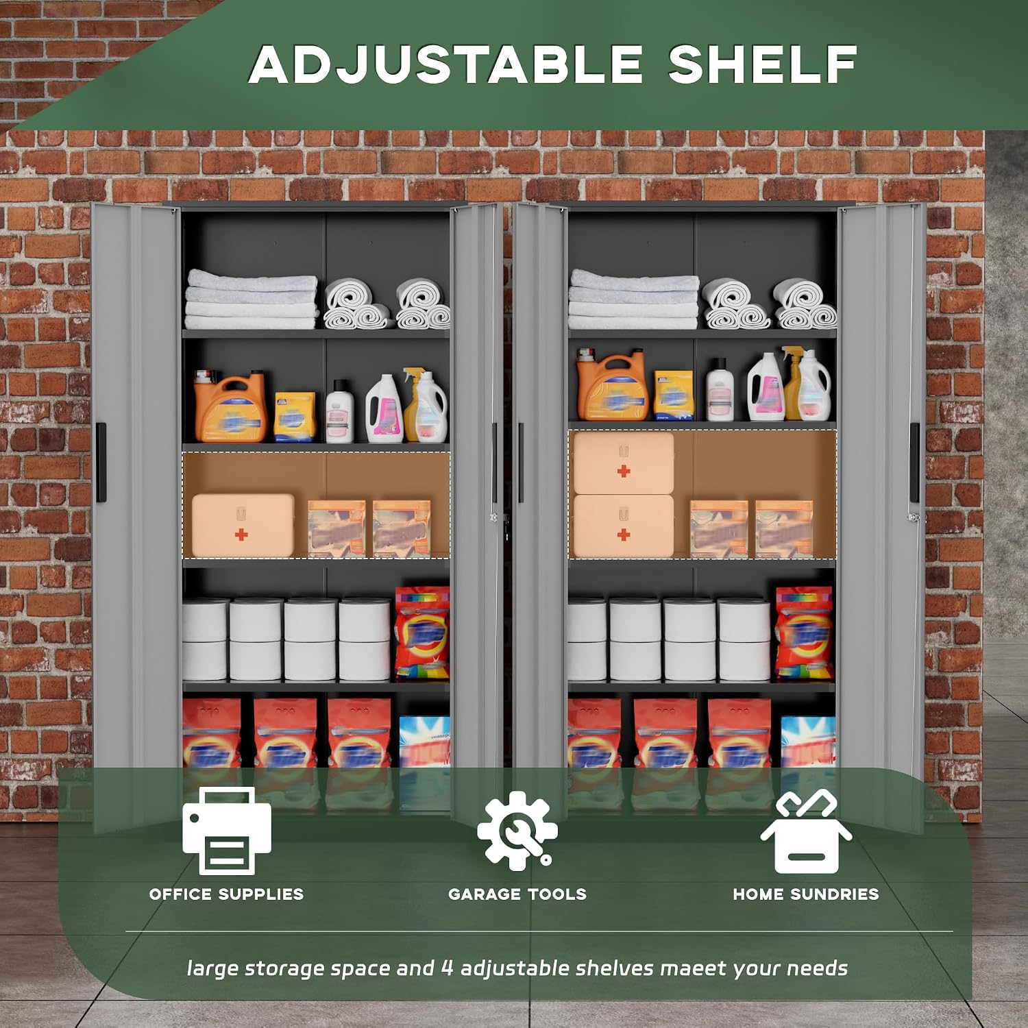 Greenvelly Metal Garage Storage Cabinet, 72' Black Gray Tool Steel Locking Cabinet with Doors and 4 Shelves, Tall Cabinets for Garage Storage Systems Lockable File Cabinet for Home Office,Garage