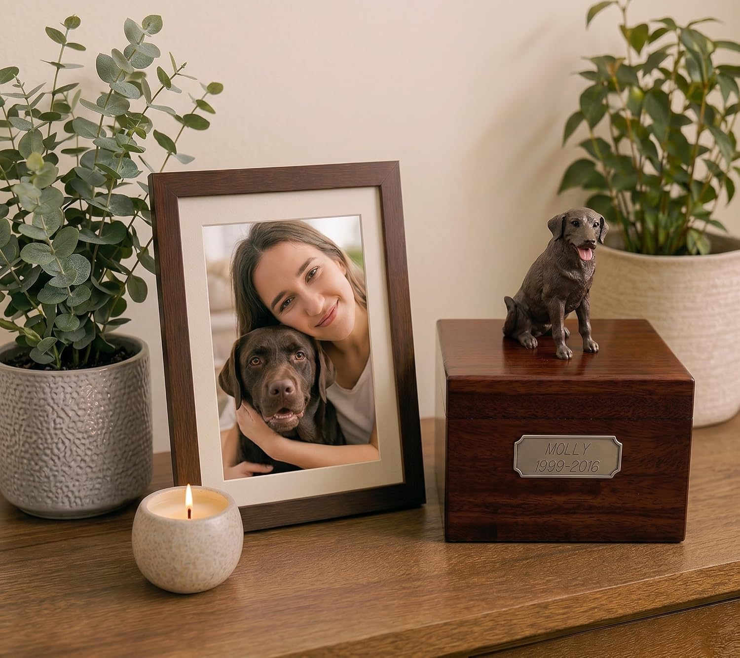 Wooden Dog Urn for Ashes with Chocolate Labrador Retriever Figurine | Personalized Pet Memorial Urn with Pewter Engraving | Lab Dog Memorial Gift for Loss of Pet by Conversation Concepts