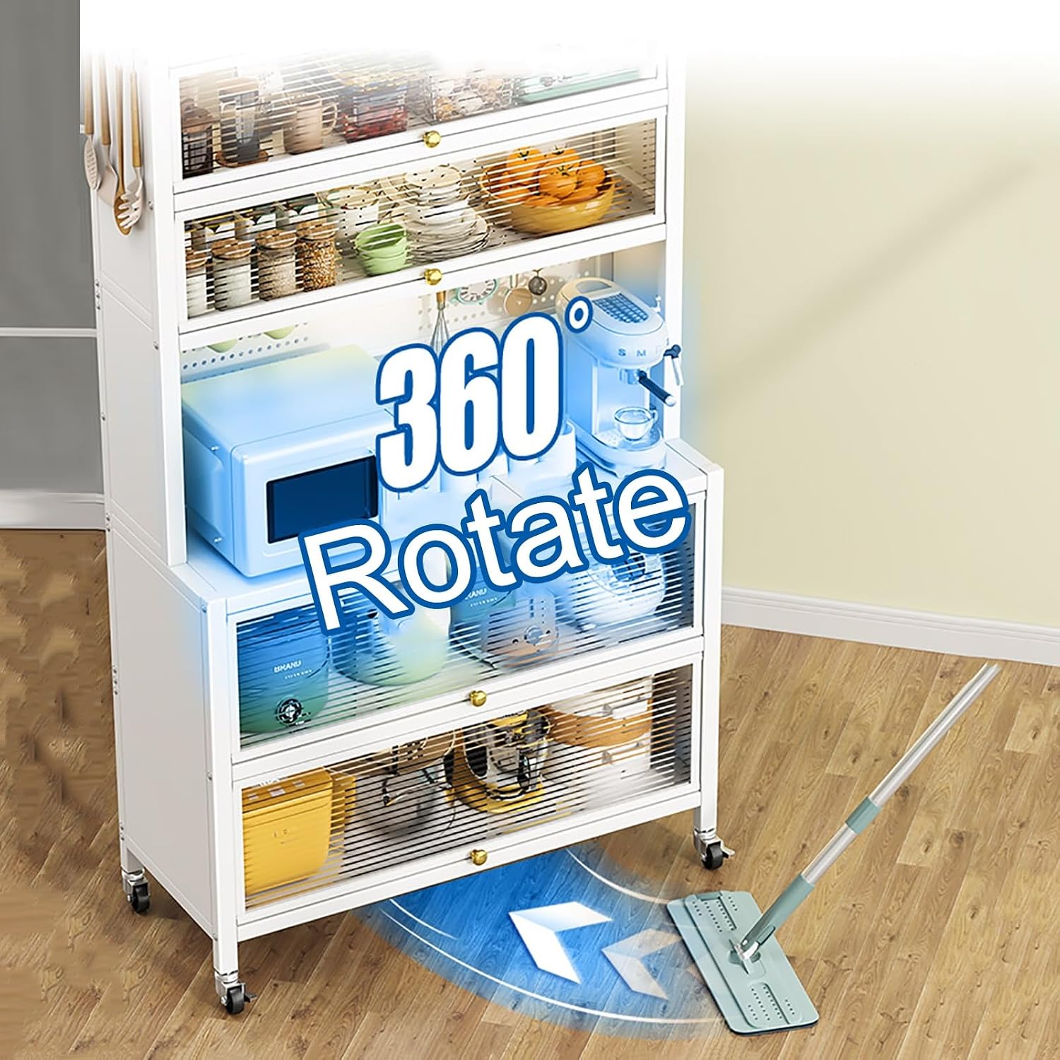 White Baker's Rack with Storage Drawer - Microwave Stand & Cabinet, Metal Shelves for Kitchen, Garage, Pantry, Spices, Flip Door & Pegboard Accessories, Space-Saving Organizer