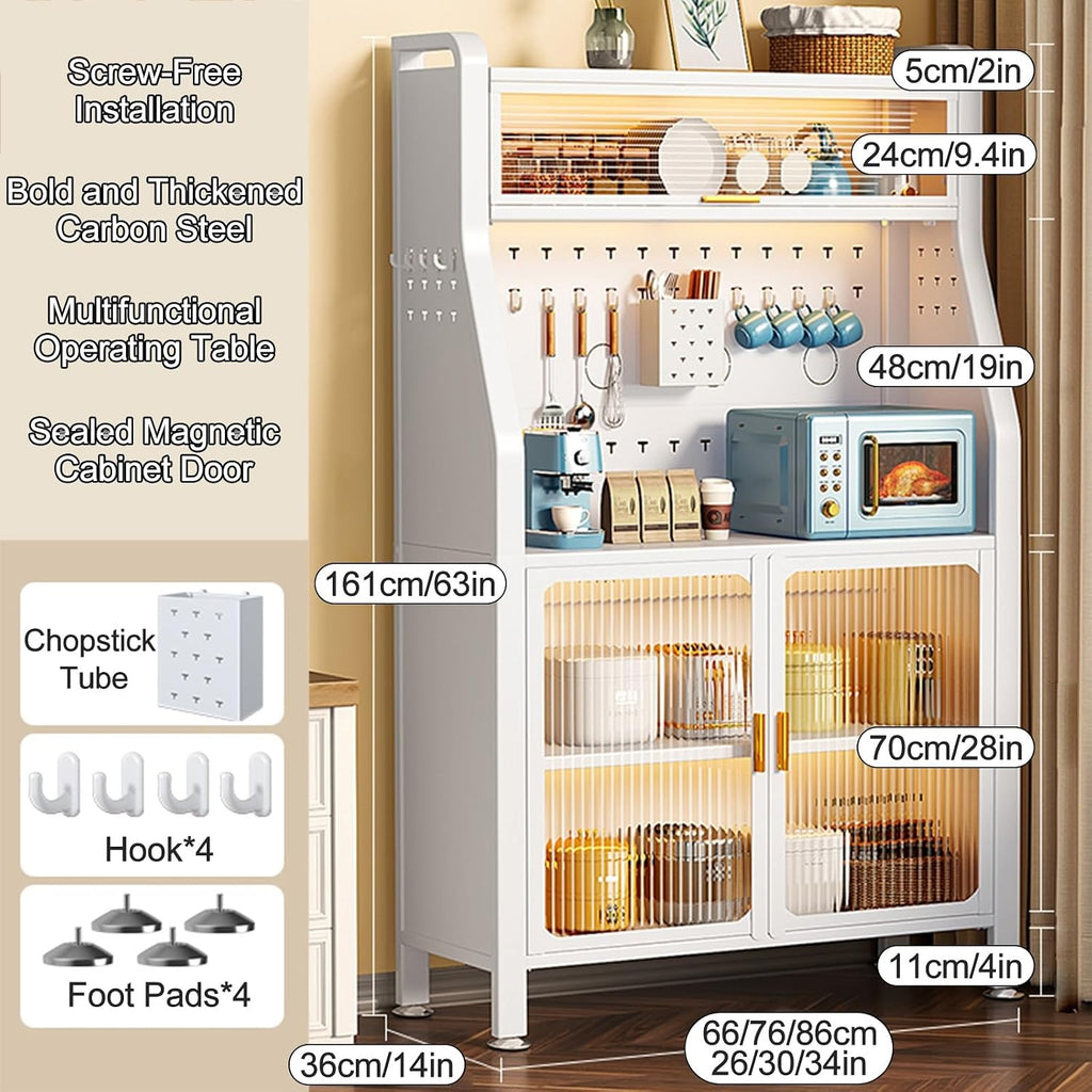 White Bakers Rack with Doors | Free Standing Kitchen Cabinet | Dual Door Microwave Storage | Stylish Baker's Rack for Hallway | Space-Saving Kitchen Organizer (86cm/34in)